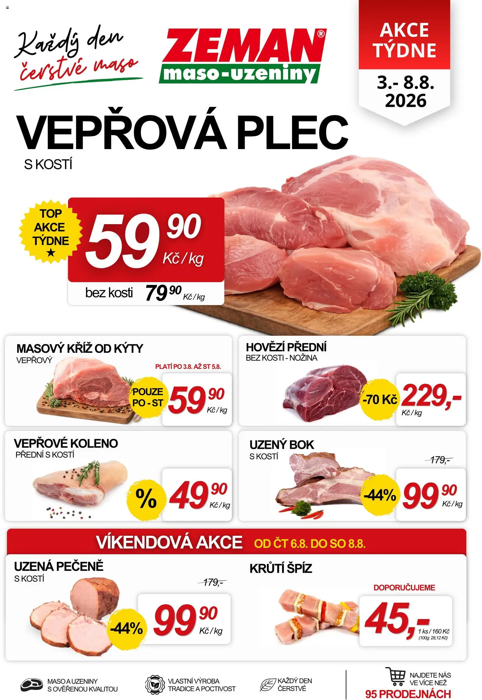 Prodejny Zeman leták - Akce týdne od 03.08.2026 | Strana: 1 | Produkty: Vepřové koleno, Hovězí, Uzeniny, Maso