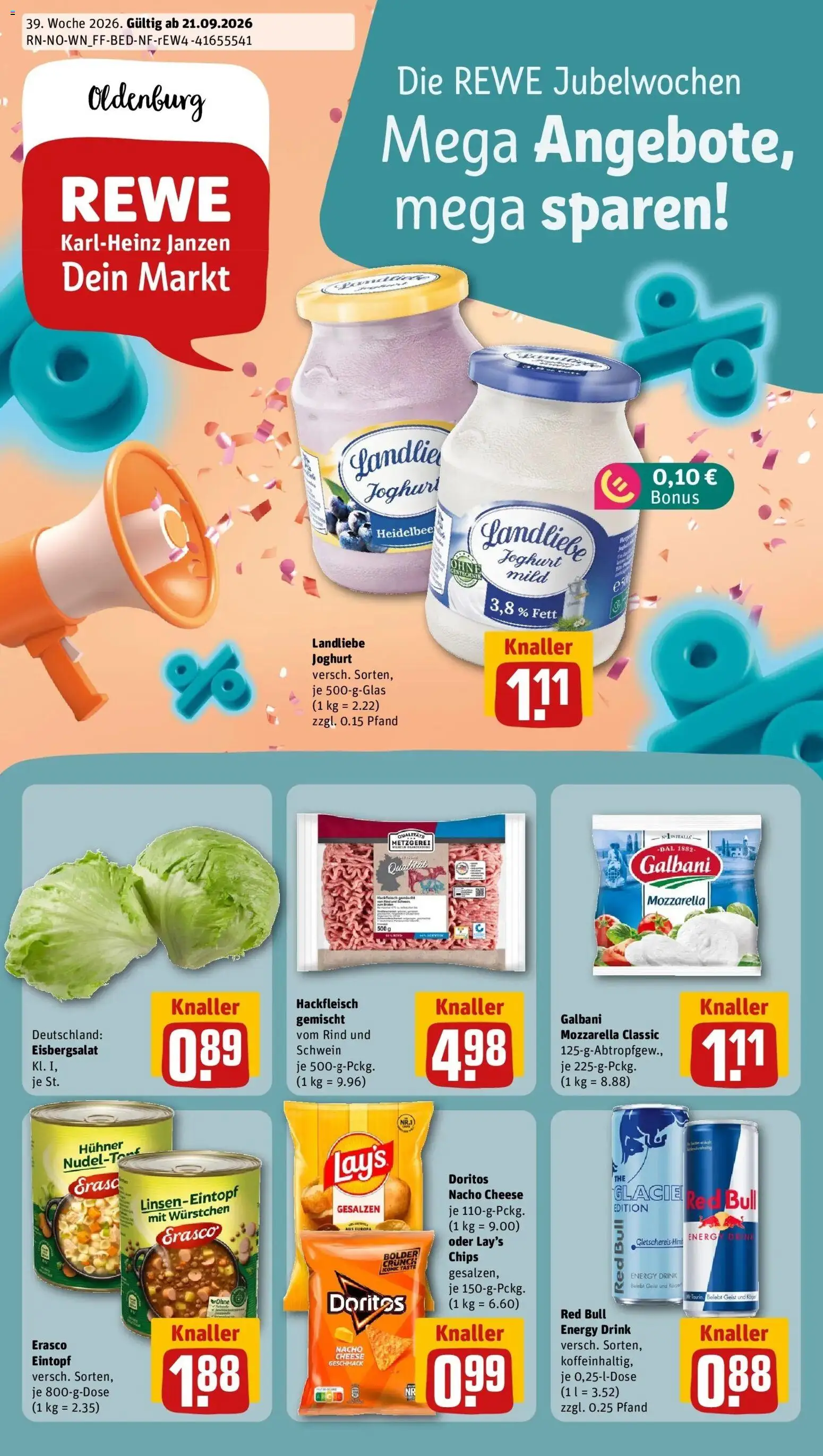 REWE Prospekt ab 21.09.2026 zum Blättern » Angebote | Seite: 1 | Produkte: Energy, Mozzarella, Erasco, Chips