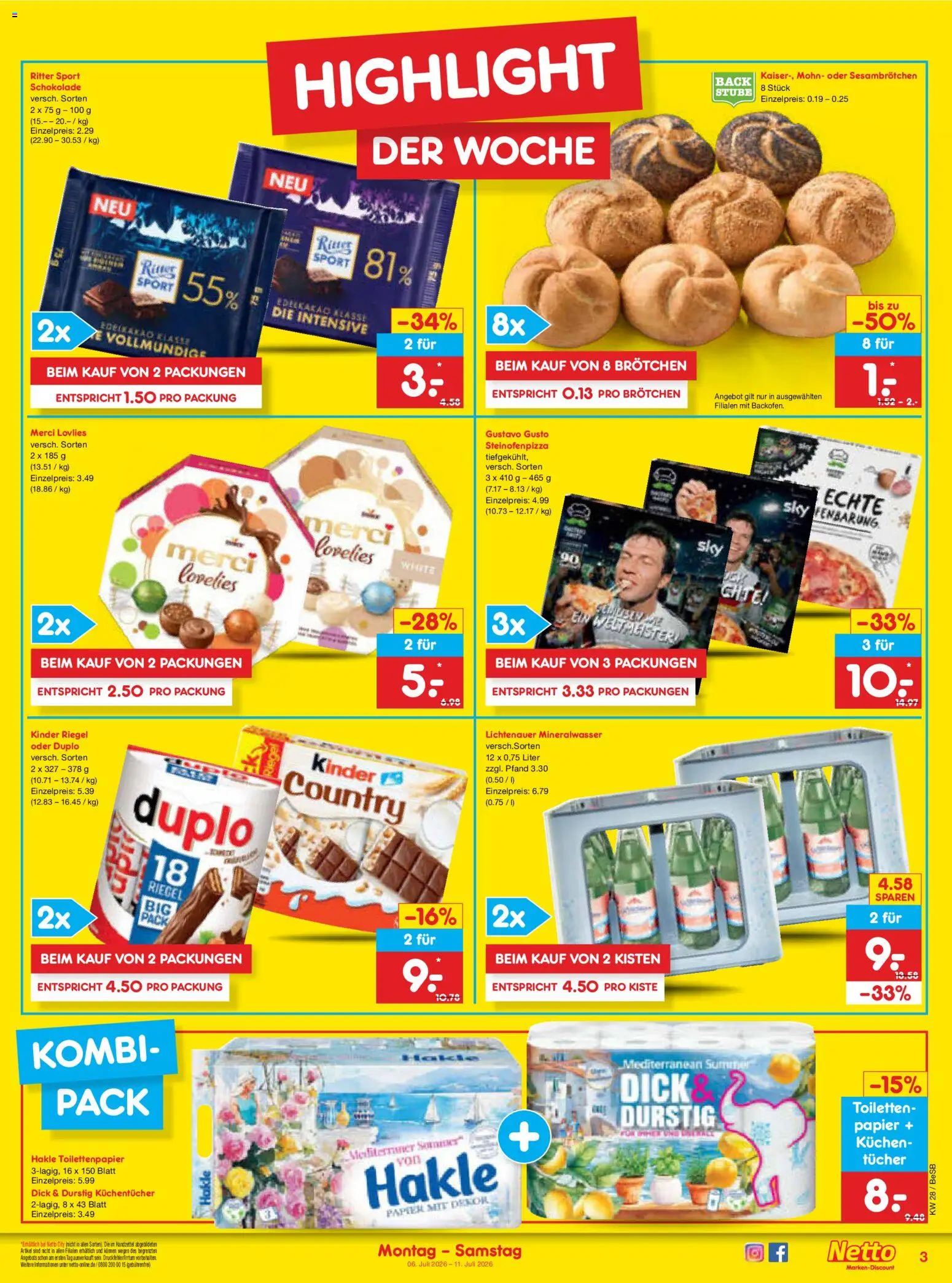 Netto Marken-Discount Prospekt – gültig ab 06.07.2026 | Seite: 3 | Produkte: Merci, Schokolade, Mineralwasser, Toilettenpapier