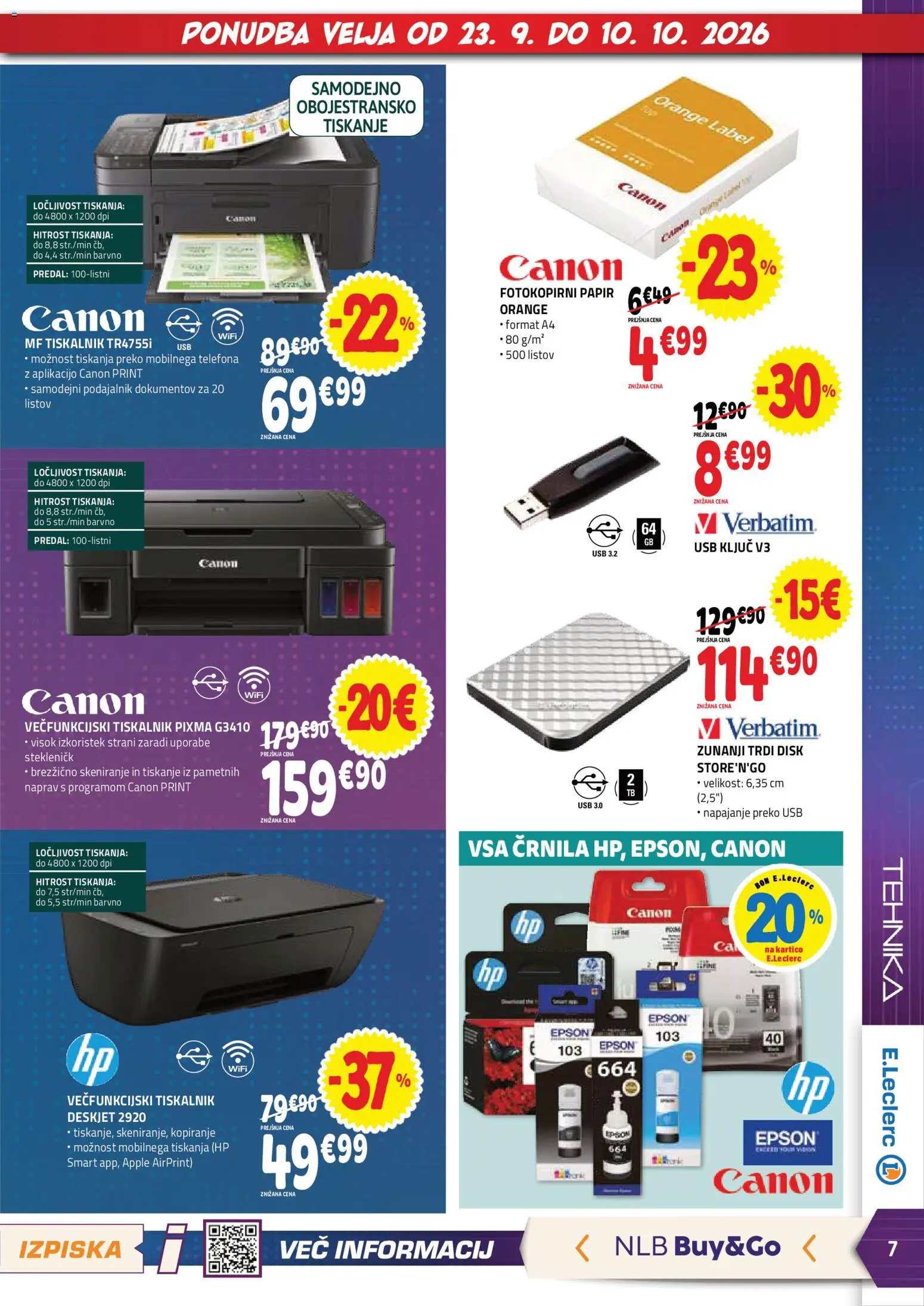 Novi E.leclerc katalog ponudbe – veljaven od 23.09.2026 | Stran: 7 | Izdelki: Tiskalnik, Disk, Usb