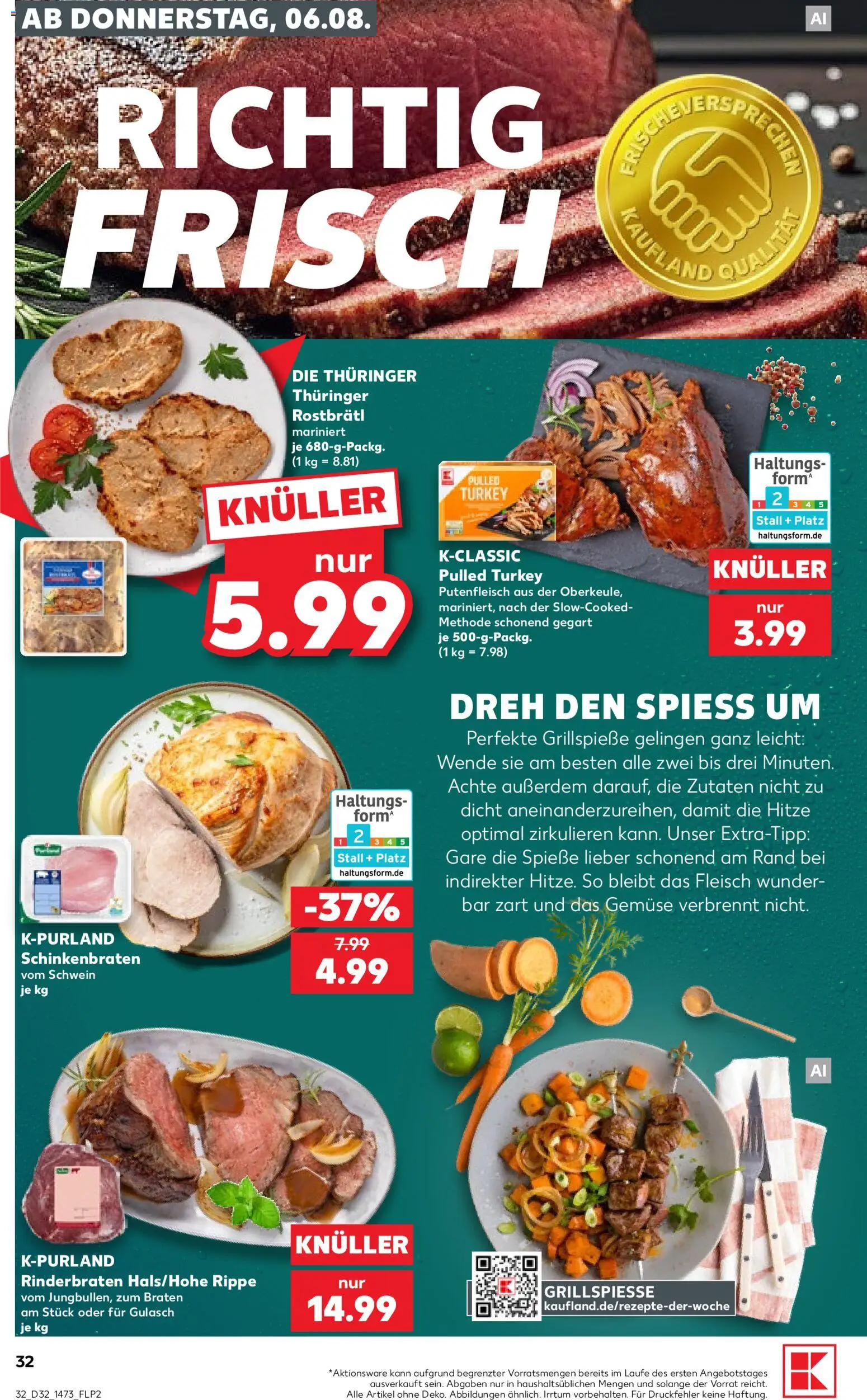 Kaufland Prospekt Potsdam – gültig ab 06.08.2026 | Seite: 32 | Produkte: Rinderbraten, Spieße, Gemüse, Fleisch