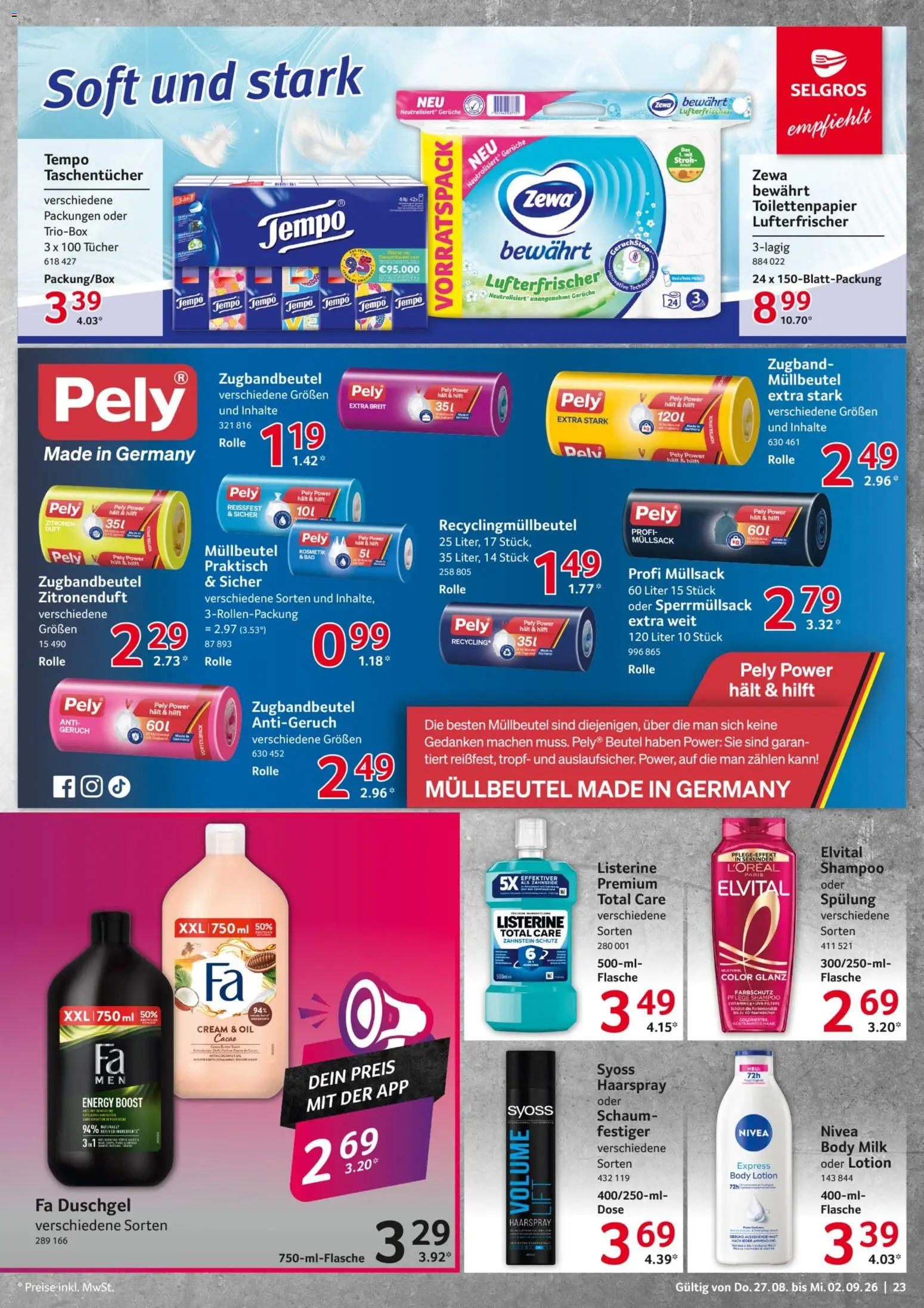 Selgros Prospekt – gültig ab 27.08.2026 | Seite: 23 | Produkte: Energy, Zewa, Duschgel, Listerine