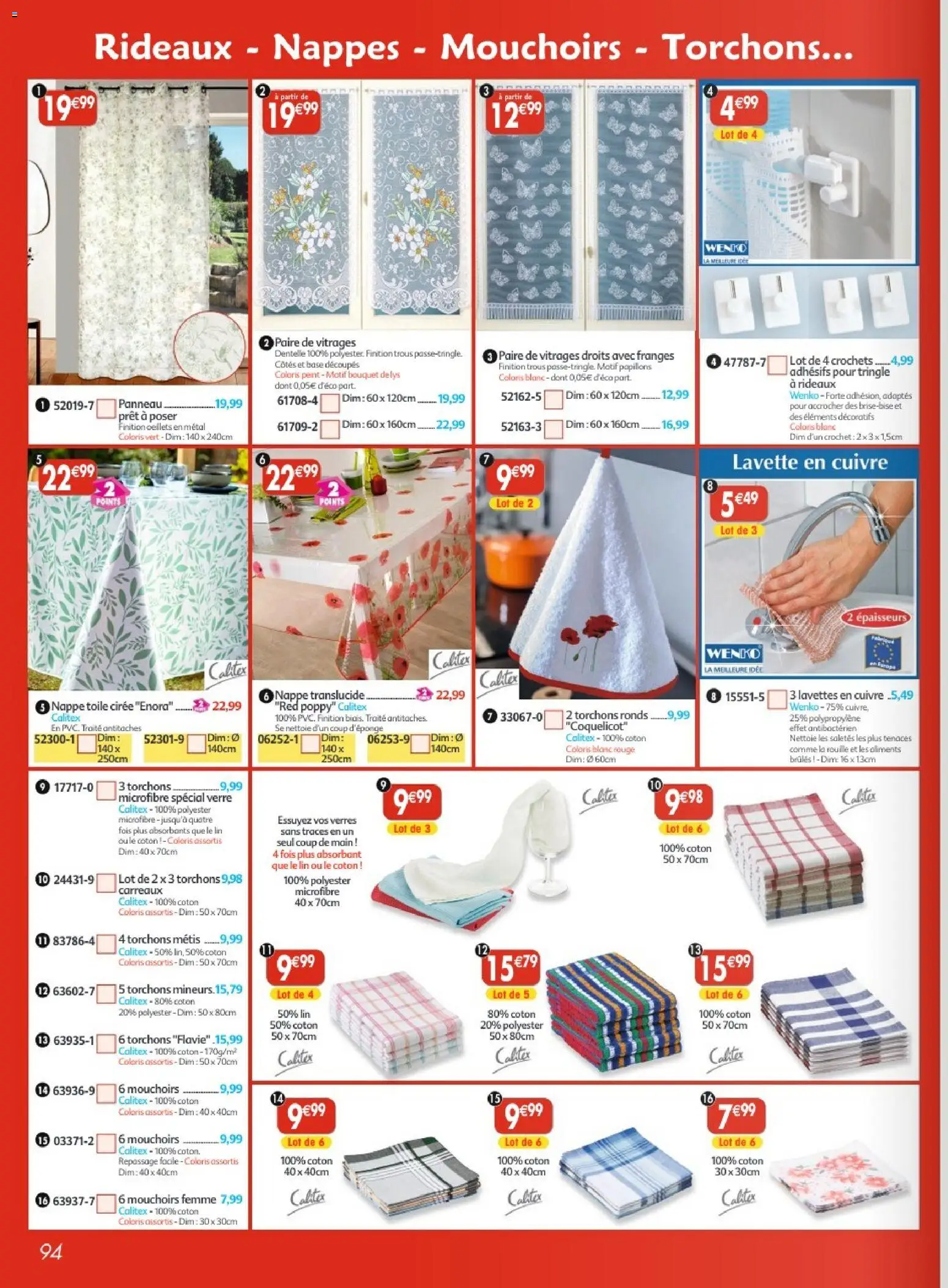 {H1} | Page: 94 | Produits: Base, Coton, Mouchoirs, Nappe