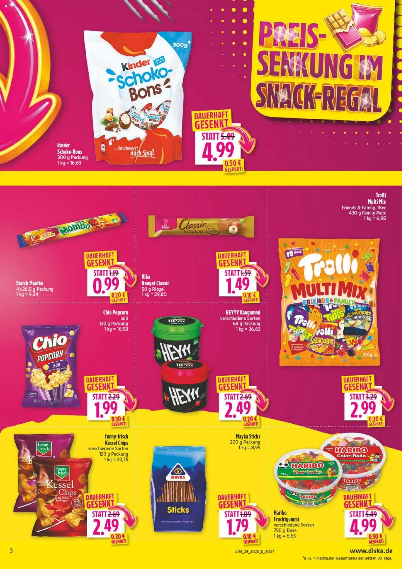Diska Prospekt – gültig ab 08.06.2026 | Seite: 3 | Produkte: Haribo, Funny frisch, Chili, Chips