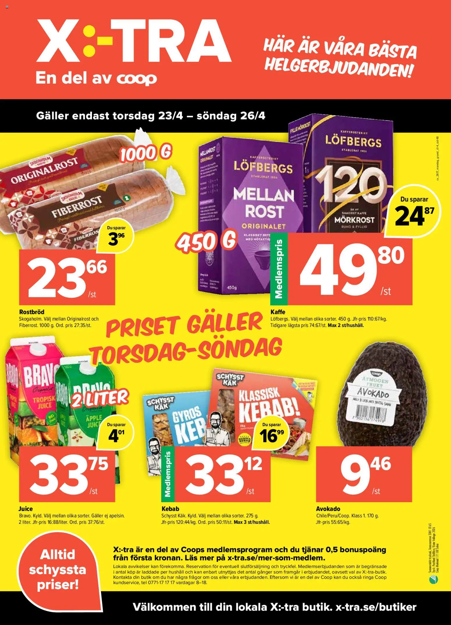 Coop X:-TRA reklamblad aktuell från 20.04.2026 | Sida: 4 | Produkter: Rostbröd, Galler, Kaffe, Juice