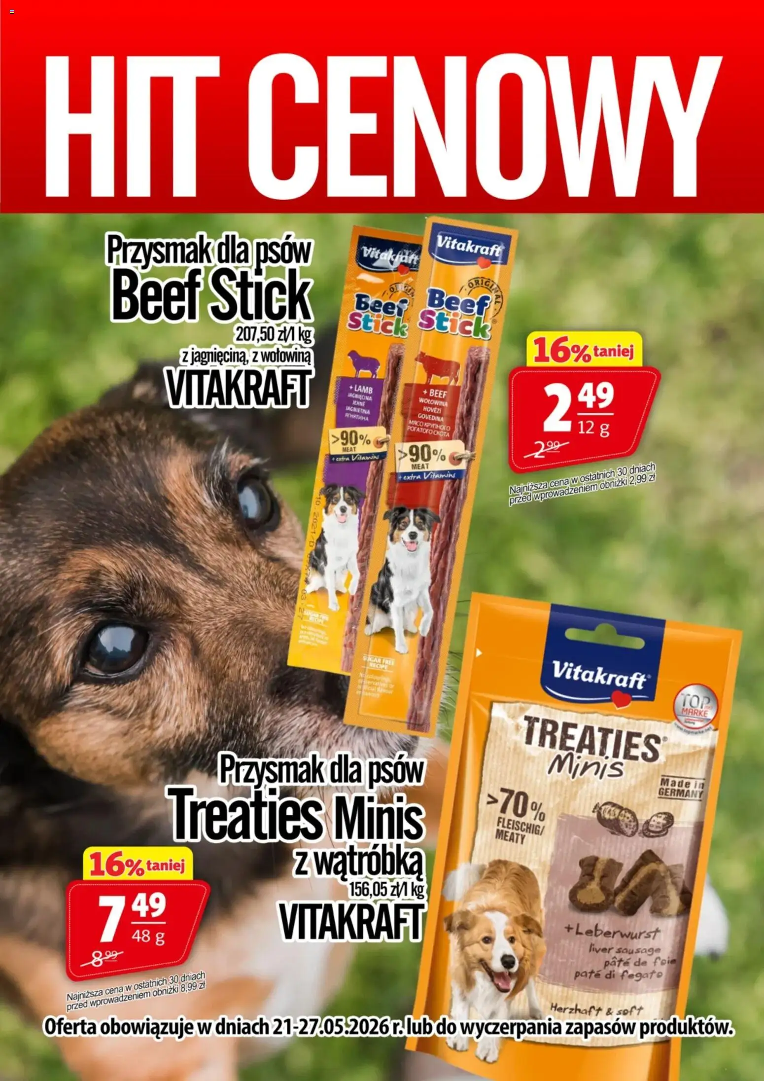 Prim Market promocja - Beef Stick/Treaties Minis Vitakraft od 21.05.2026 | Strona: 1 | Produkty: Wątróbka, Jagnięcina, Wołowina