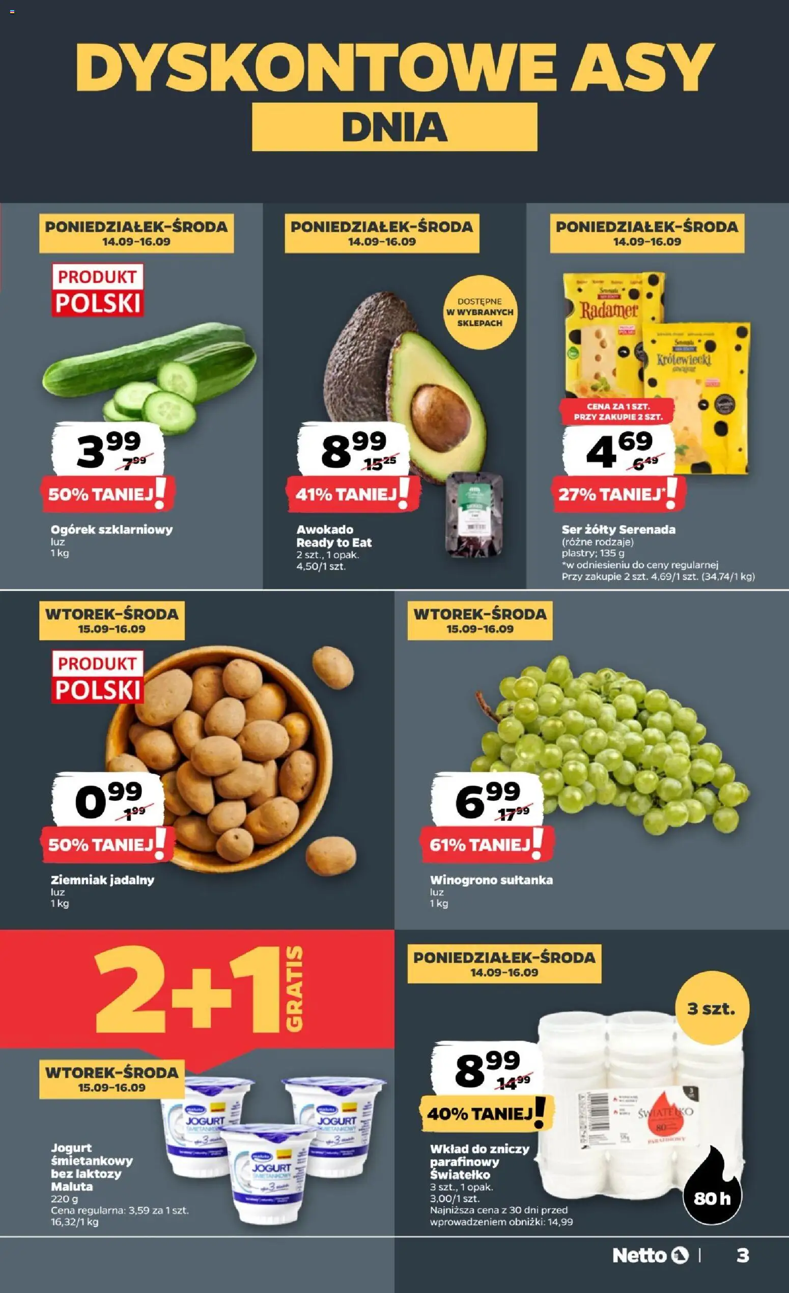 Netto gazetka od poniedziałku od 14.09.2026 | Strona: 3 | Produkty: Jogurt śmietankowy, Bez laktozy, Ogórek szklarniowy, Awokado