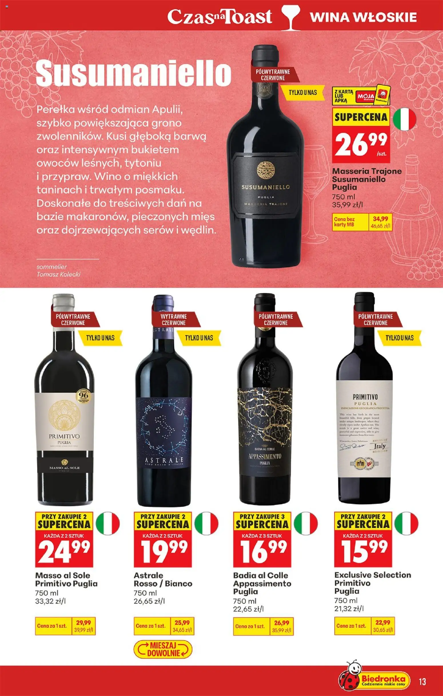 Biedronka gazetka - Czas na toast od 21.09.2026 | Strona: 15 | Produkty: Czerwone wino, Karta, Primitivo, Wino