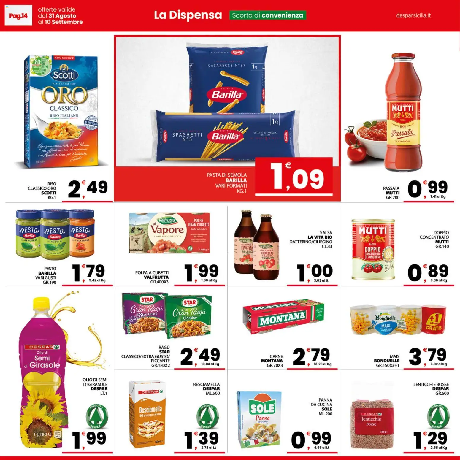 Volantino Despar del 31/08/2026 | Pagina: 14 | Prodotti: Panna, Lenticchie rosse, Pasta, Barilla