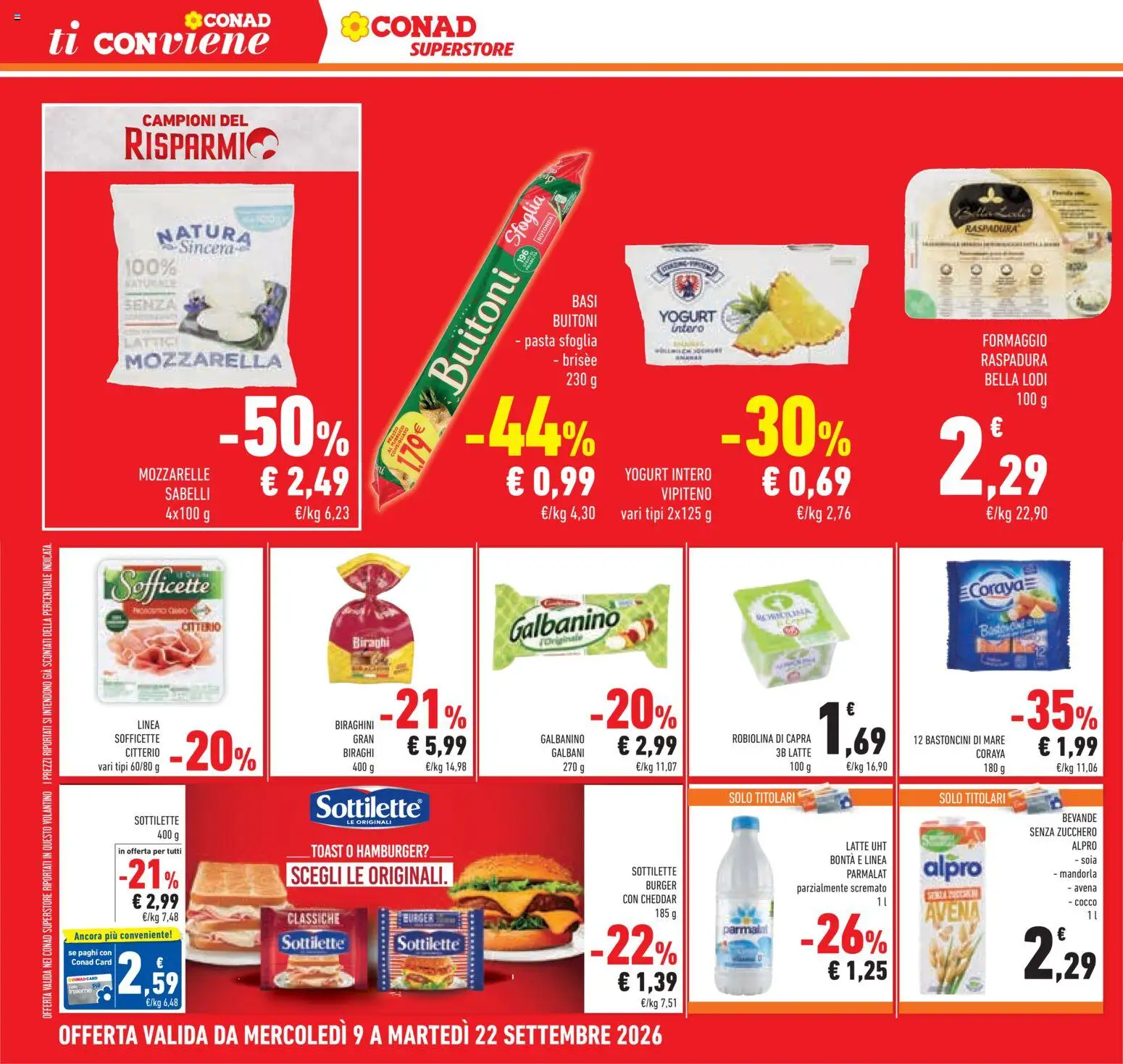 Volantino Conad del 09/09/2026 | Pagina: 6 | Prodotti: Pasta sfoglia, Cheddar, Latte, Formaggio