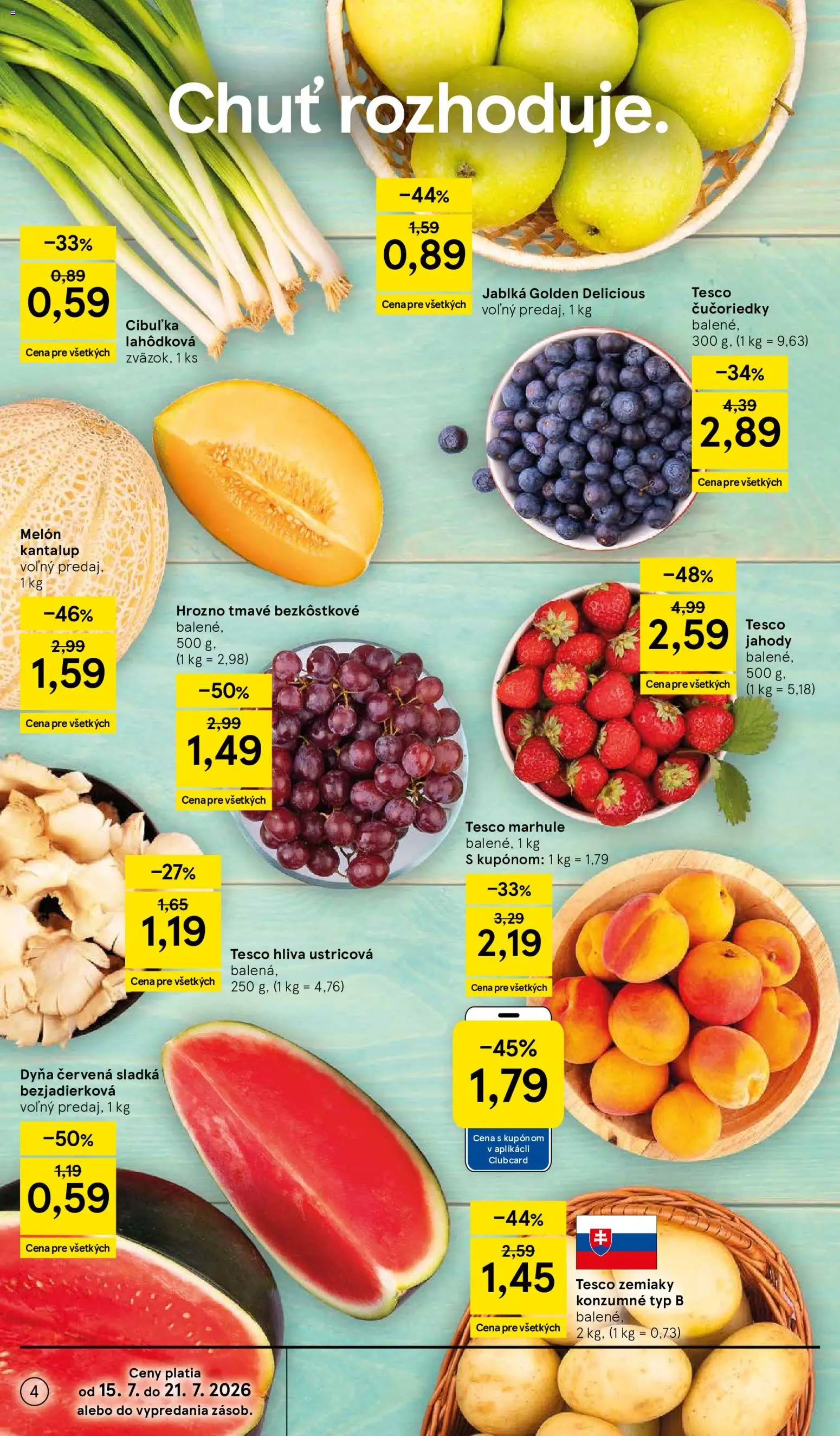Nové Tesco akcie – leták je platný od 15.07.2026 | Strana: 4 | Produkty: Jablká, Čučoriedky, Melón, Hrozno
