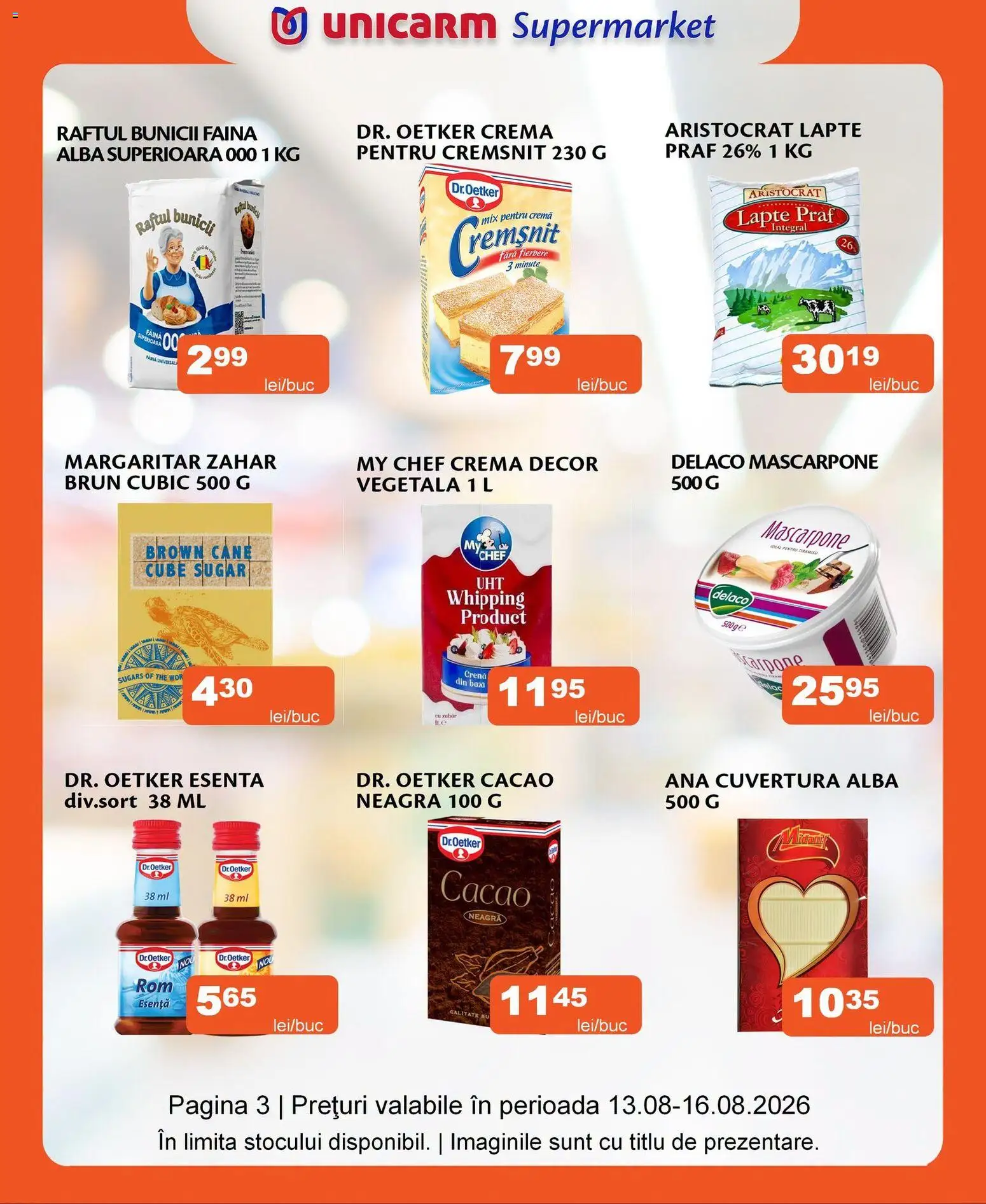 Noul catalog Unicarm – valabil de la 13.08.2026 | Pagină: 3 | Produse: Lapte praf, Făină, Cacao, Mascarpone