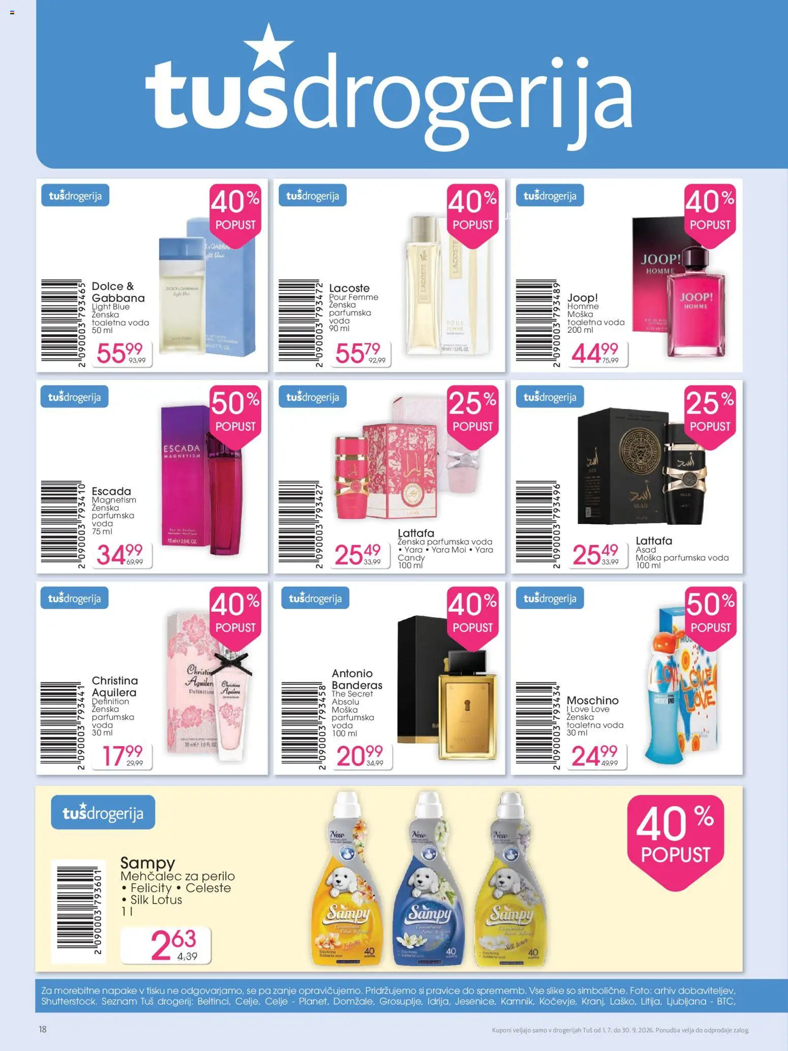 Novi Tuš katalog ponudbe – veljaven od 03.07.2026 | Stran: 18 | Izdelki: Mehčalec, Lotus, Mehcalec za perilo, Voda