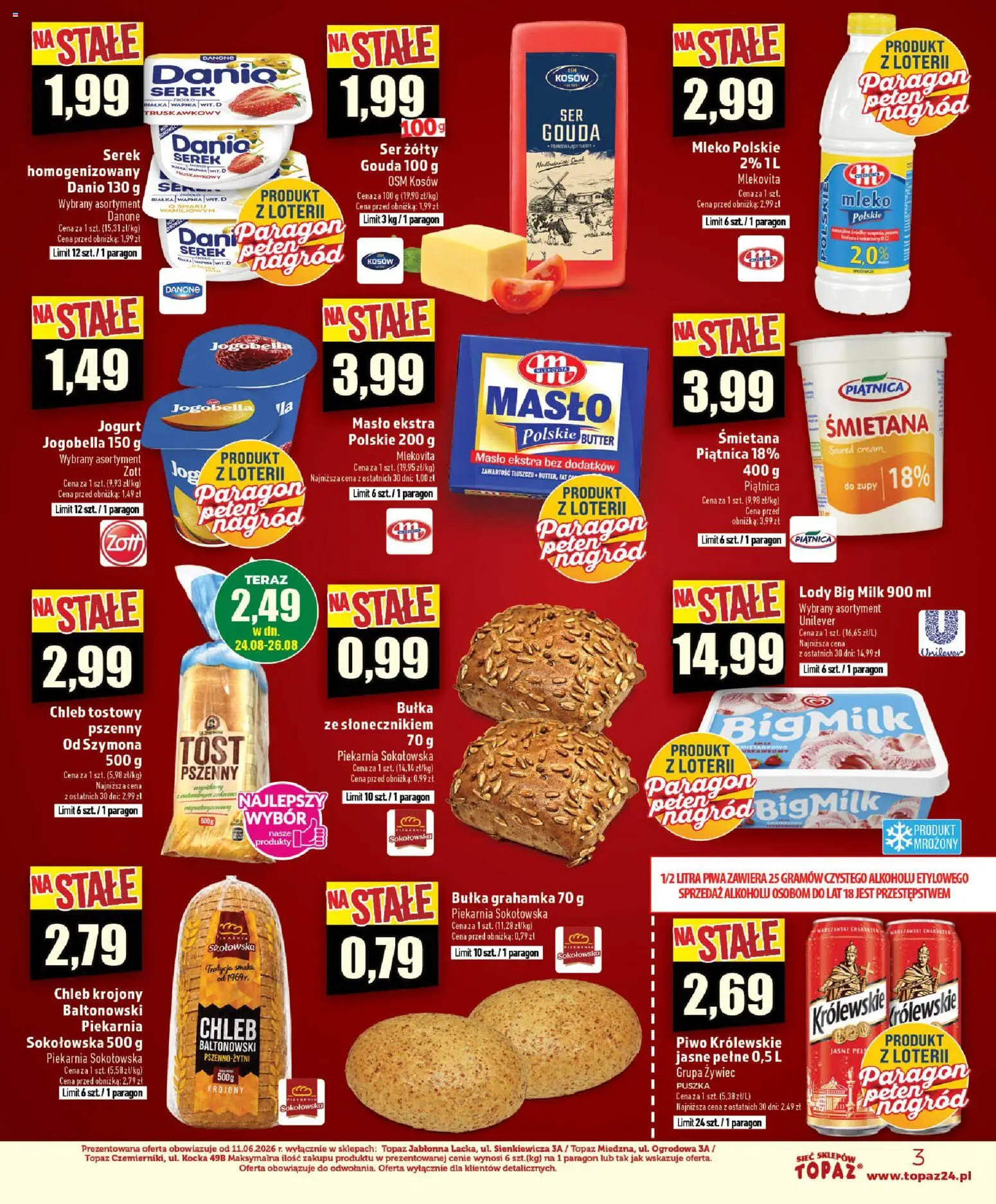 Topaz gazetka - Ceny małe na stałe od 20.08.2026 | Strona: 3 | Produkty: Serek homogenizowany, Serek, Mleko, Lody Big Milk