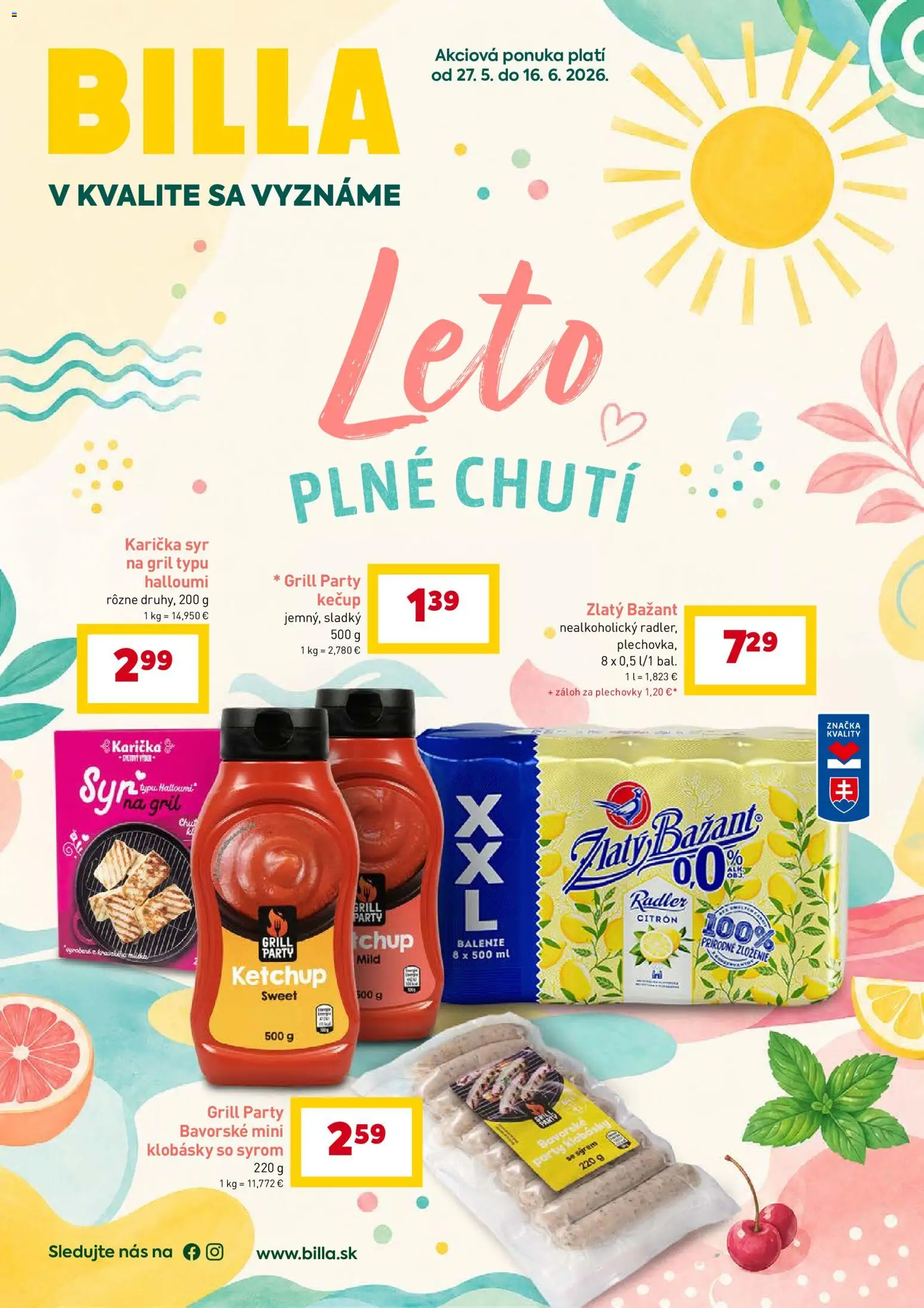Nové Billa akcie – leták je platný od 27.05.2026 | Strana: 1 | Produkty: Gril, Syr, Radler, Zlatý Bažant