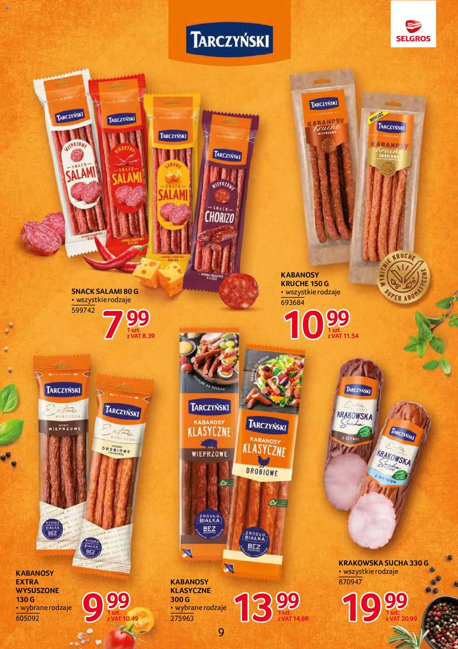 Selgros cash&carry gazetka - Markowe produkty od 10.09.2026 | Strona: 9 | Produkty: Kabanosy, Kabanosy wieprzowe, Krakowska sucha, Salami