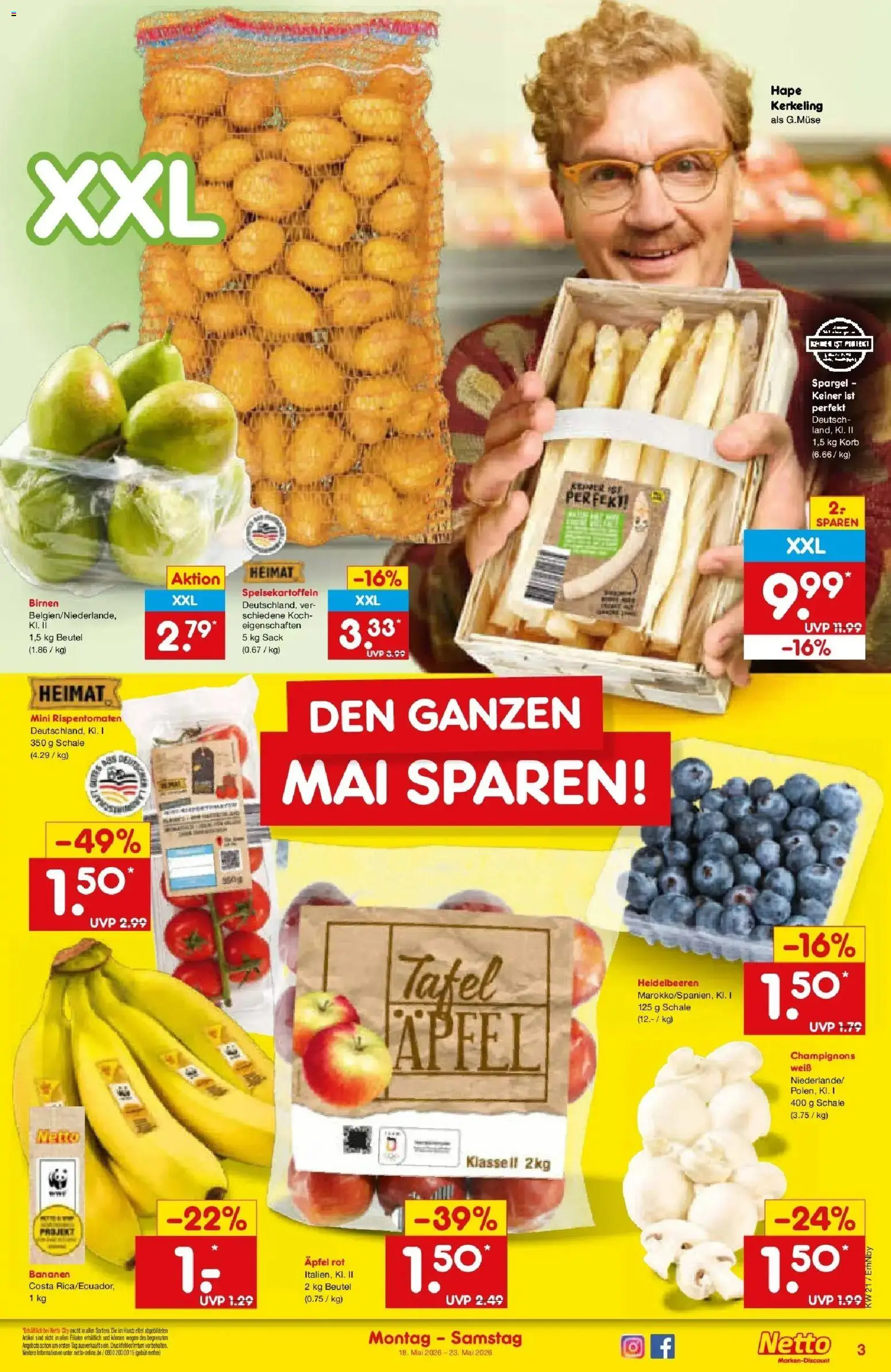 Netto Marken-Discount Prospekt Ergolding	 – gültig ab 17.05.2026 | Seite: 3 | Produkte: Bananen, Spargel, Heidelbeeren, Champignons