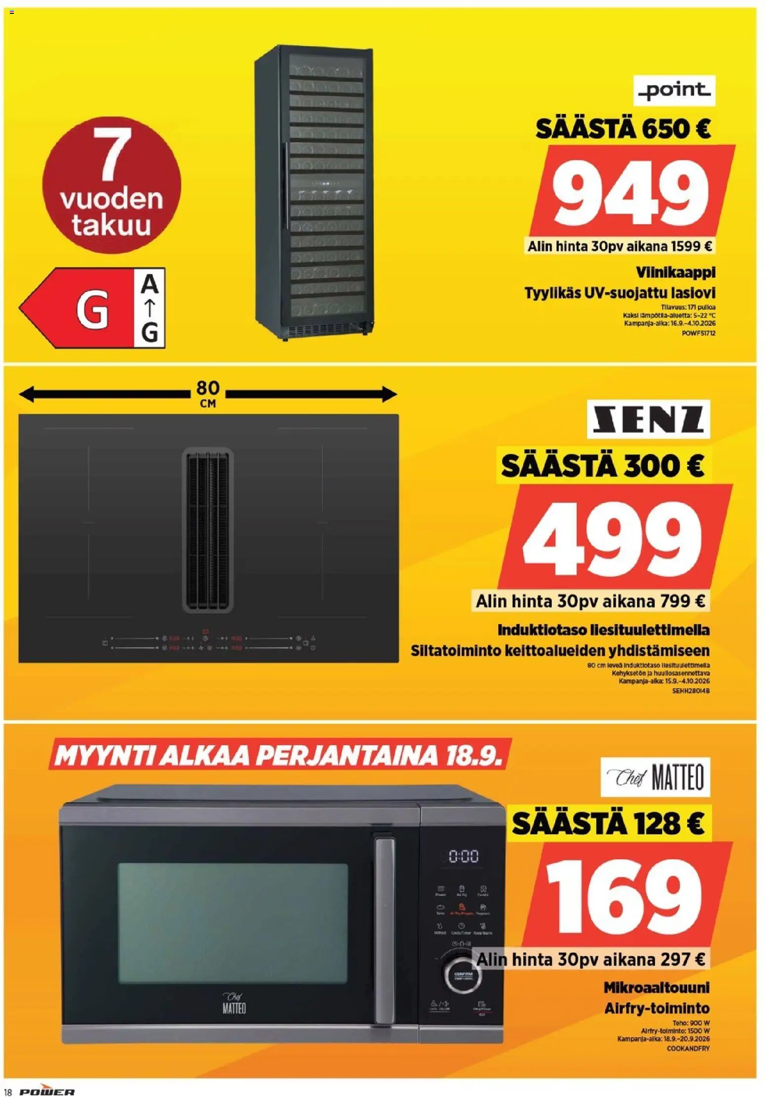 Power tarjoukset – voimassa 01/08/2026 alkaen | Sivu: 18 | Tuotteet: Induktiotaso, Mikroaaltouuni, Viinikaappi