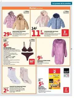 Auchan - Prévisualisation de CHAUSSETTES FEMME INEXTENSO, Chaussettes fantaisie 78% coton 20% polyamide 2% élasthanne : 2€99 Chaussettes d'intérieur 98% polyamide 2% élasthanne : 4€99 2€99 35/38 - 39/42 valide à partir de 29/09/2026 | Page: 51