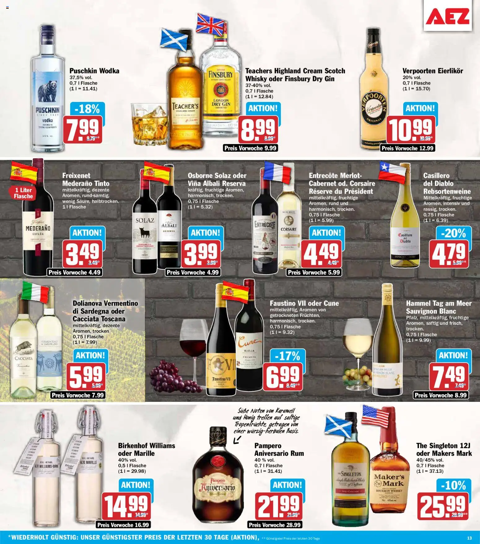 AEZ Prospekt – gültig ab 02.11.2026 | Seite: 13 | Produkte: Osborne, Entrecote, Vodka, Bourbon