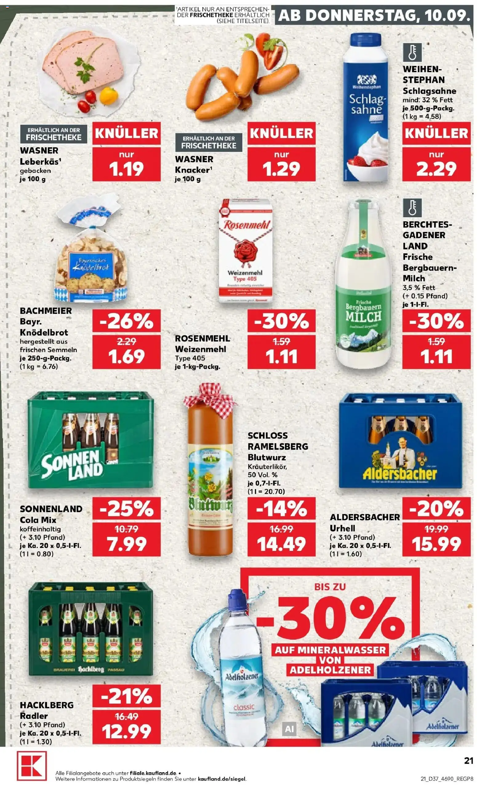 Prospekt Kaufland ab 10.09.2026 » Angebote Online zum Blättern | Seite: 21 | Produkte: Adelholzener, Weizenmehl, Mineralwasser, Sahne