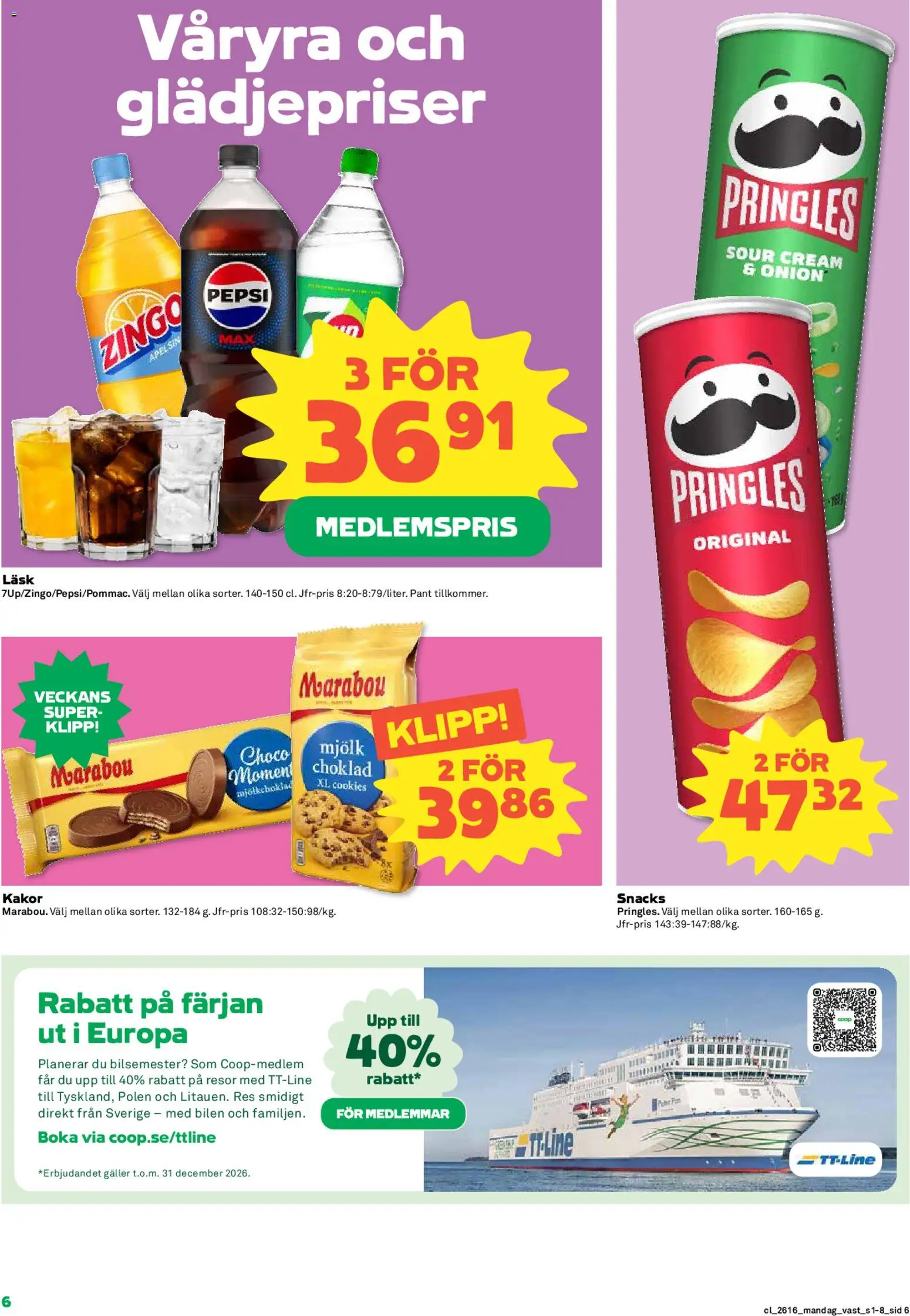 Coop reklamblad aktuell från 13.04.2026 | Sida: 6 | Produkter: Pringles, Galler, Pepsi, Mjölk