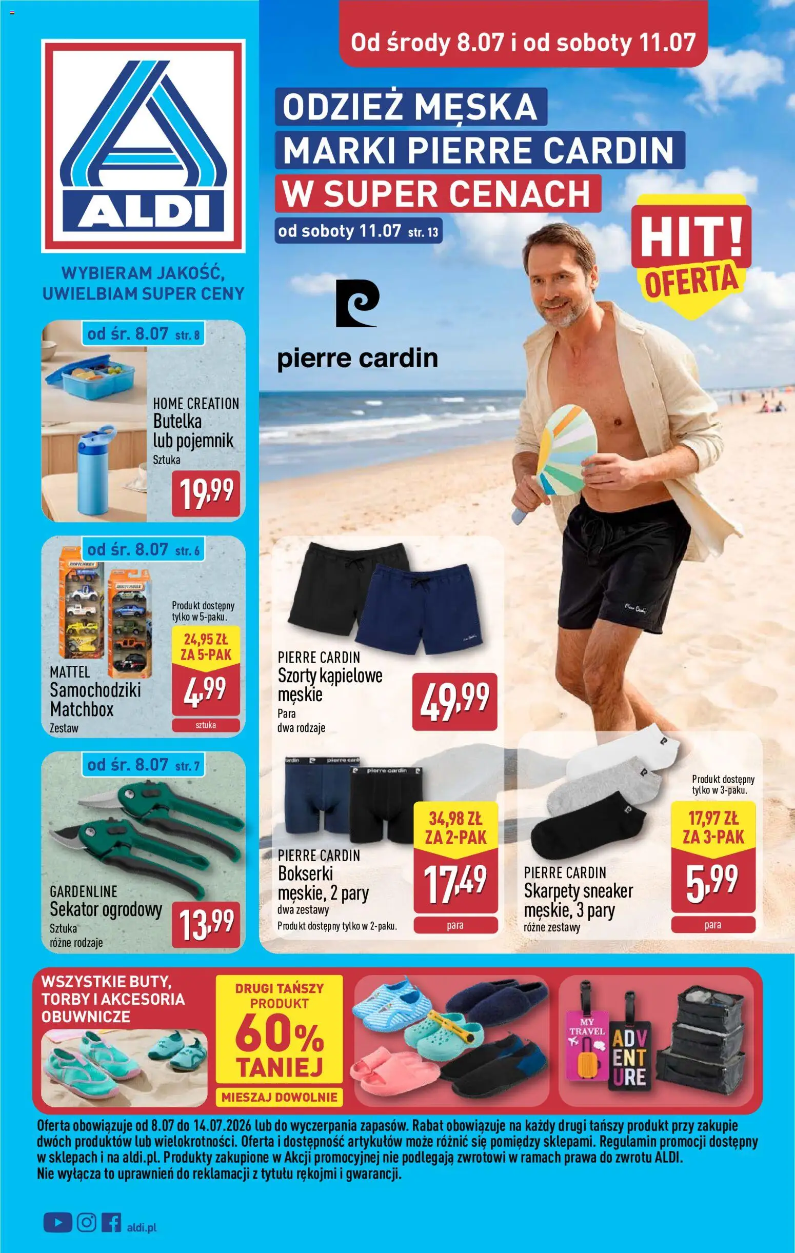 Aldi gazetka - Hity od Środy i od Soboty od 08.07.2026 | Strona: 1 | Produkty: Szorty, Skarpety, Bokserki, Sekator