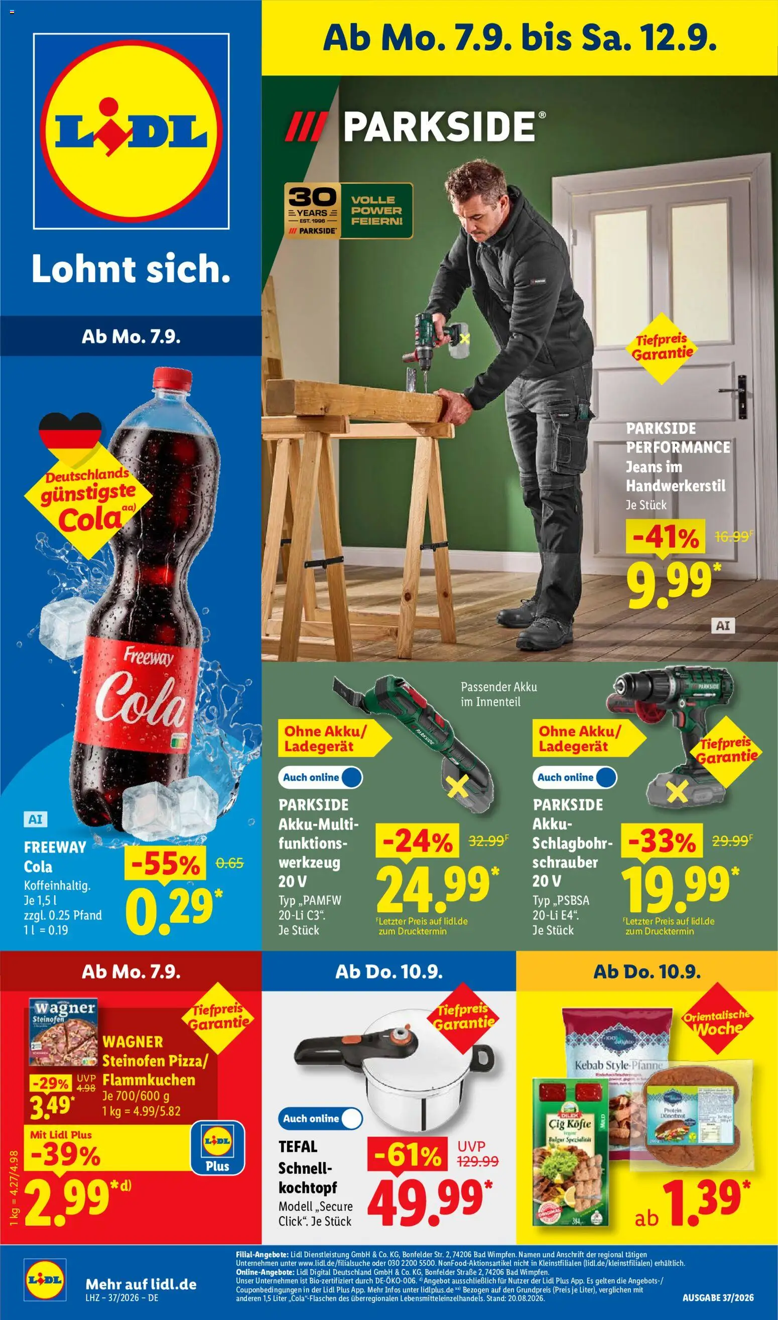 Lidl Německo leták od 07.09.2026 | Strana: 1 | Produkty: Parkside, Tefal, Freeway Cola, Cola
