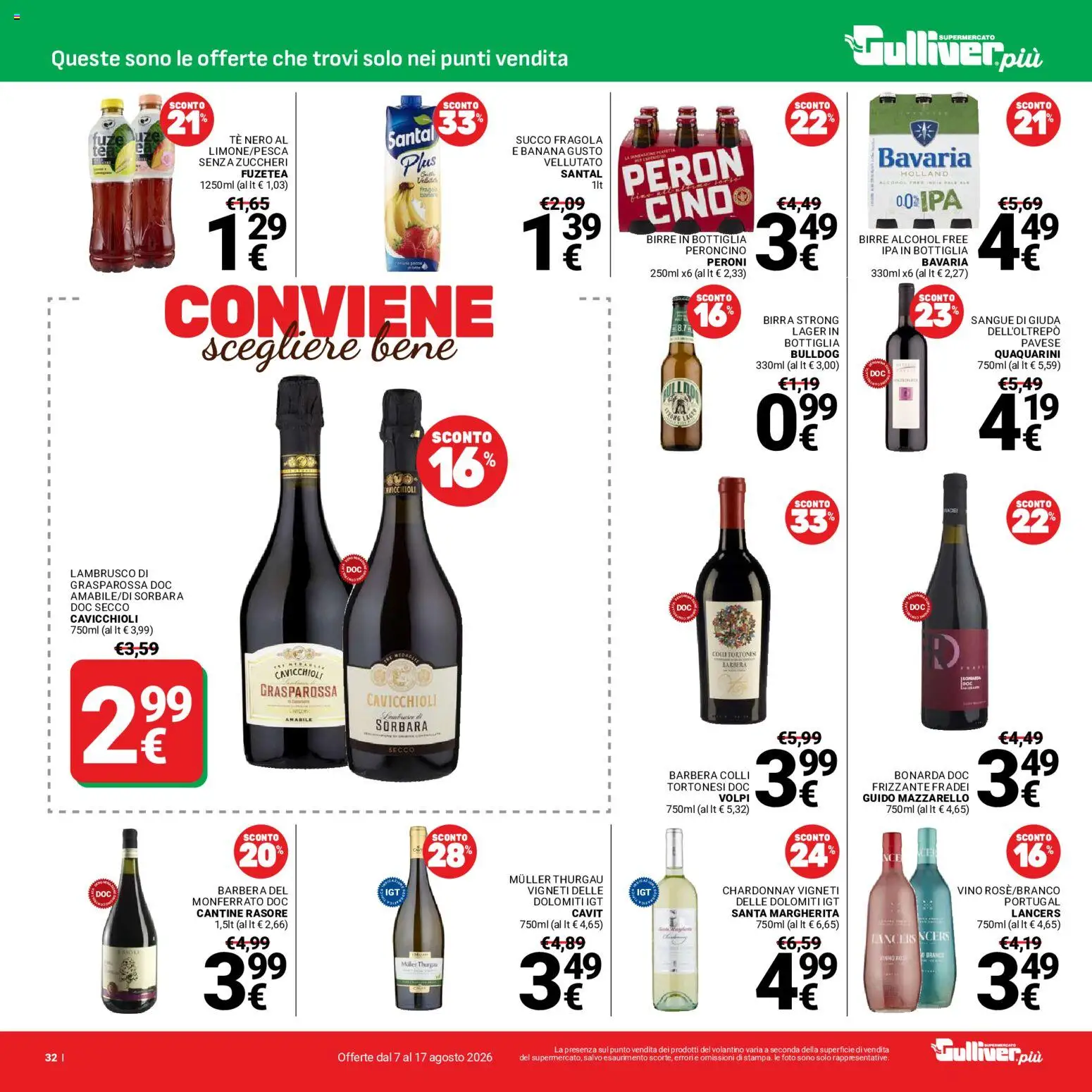 Volantino Gulliver del 07/08/2026 | Pagina: 32 | Prodotti: Succo, Vino, Bottiglia, Lambrusco