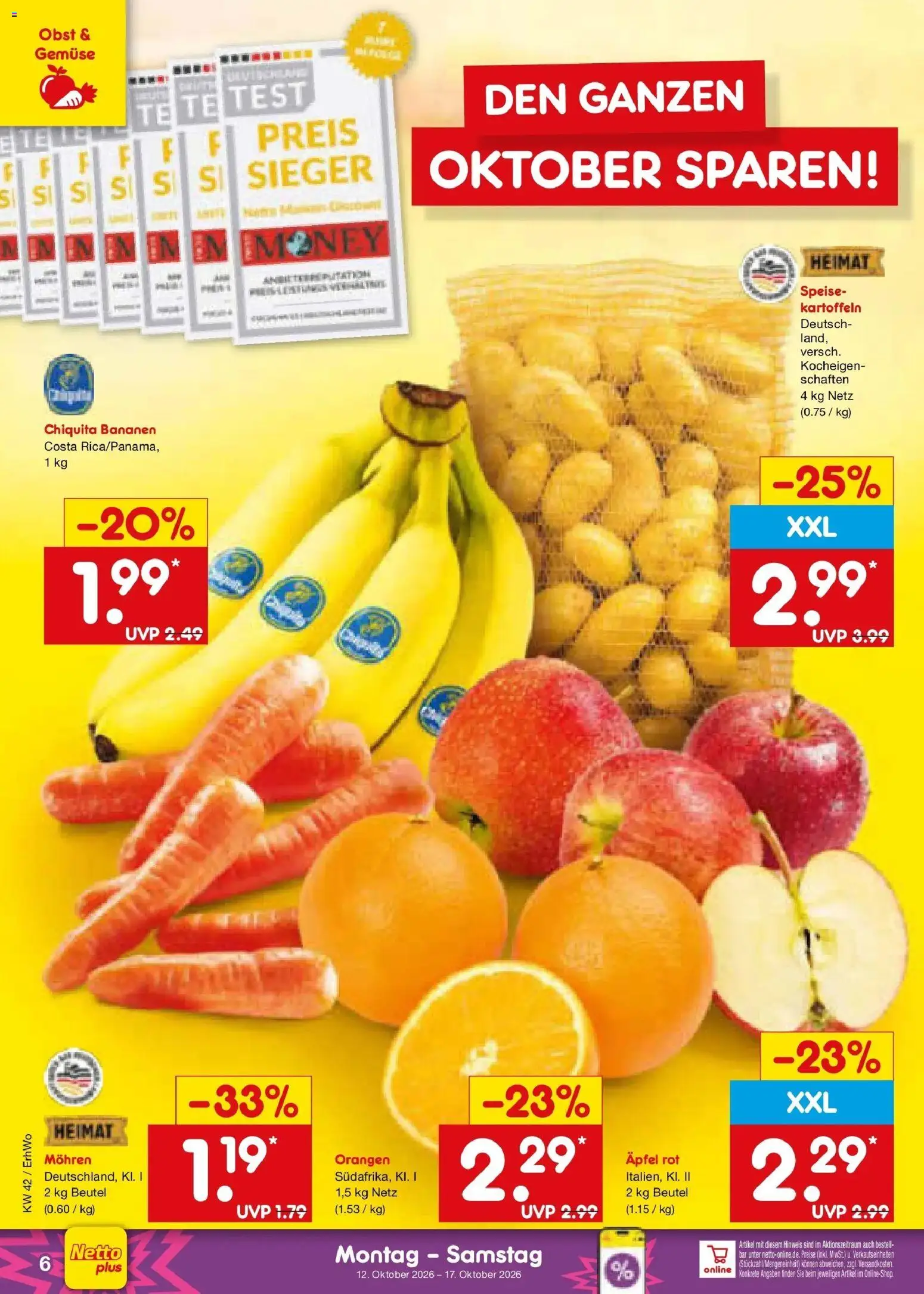 Netto Marken-Discount Prospekt Ludwigshafen-Edigheim (ab 12.10.2026) » Angebote | Seite: 6 | Produkte: Bananen, Kartoffeln, Gemüse, Obst