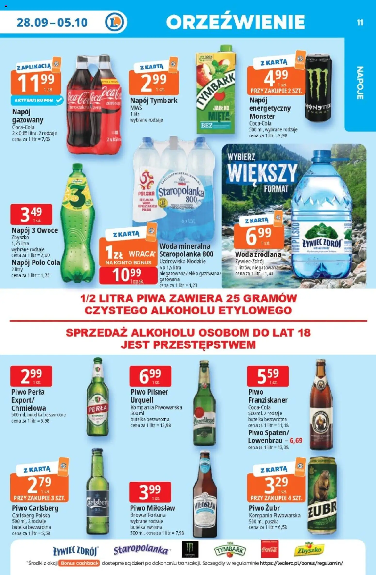 E.Leclerc gazetka - Tanio To Tu od 28.09.2026 | Strona: 11 | Produkty: Karta, Napoje, Woda źródlana, Piwo Carlsberg