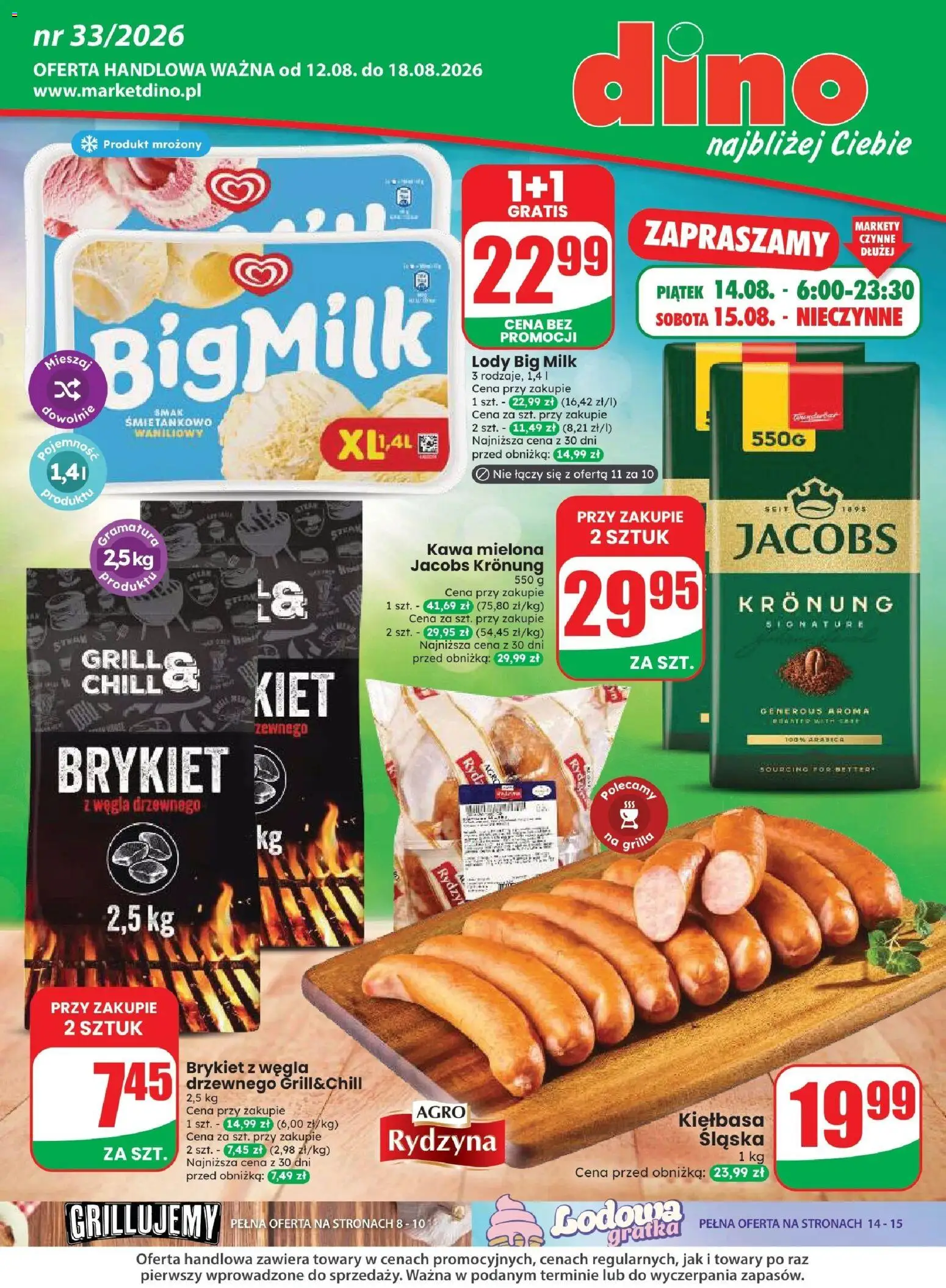 Dino gazetka od 12.08.2026 | Strona: 1 | Produkty: Kiełbasa, Kawa, Lody Big Milk, Kawa mielona