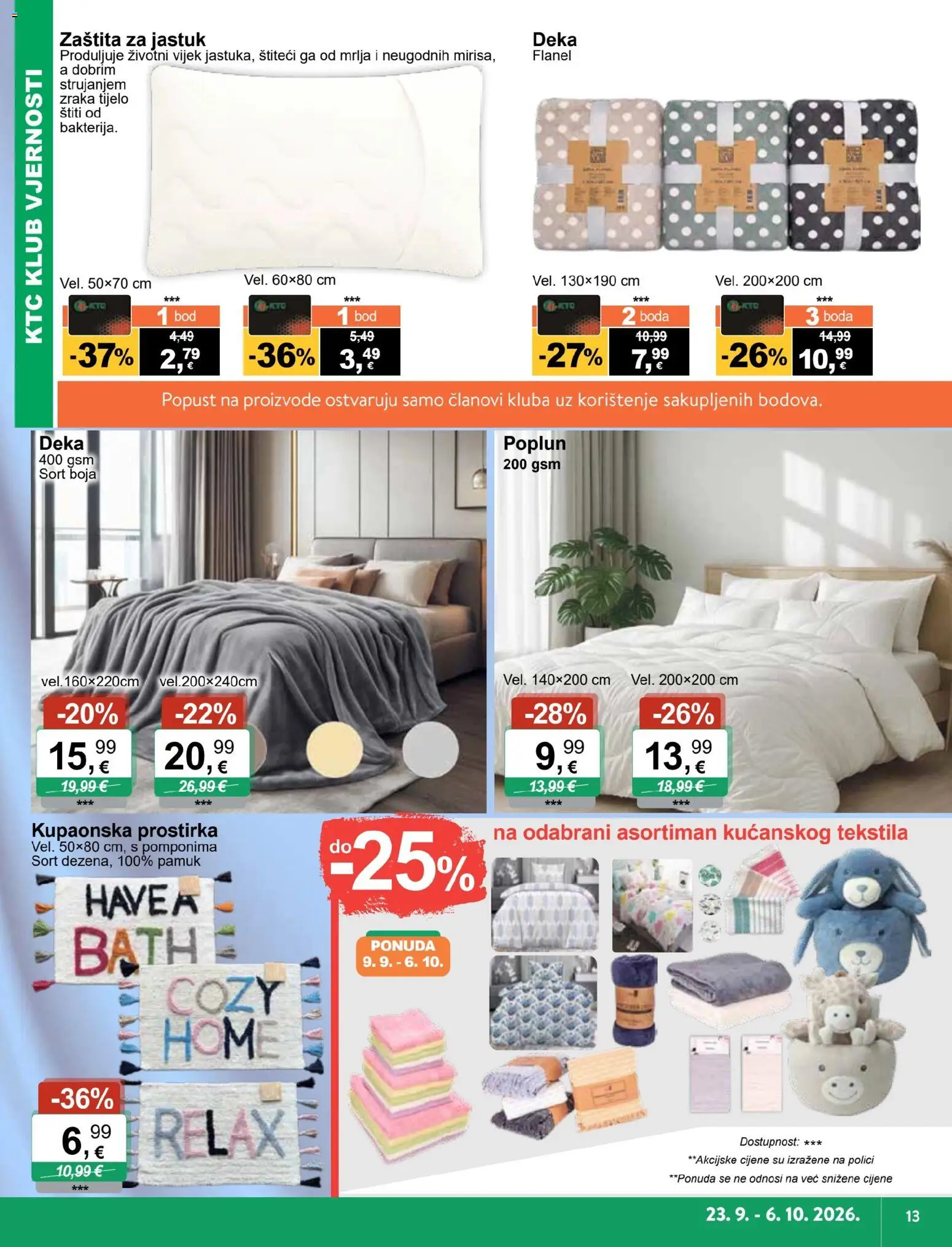 KTC katalog | vrijedi od 23.09.2026 | Stranica: 13 | Proizvodi: Jastuk, Kupaonska prostirka, Poplun, Deka
