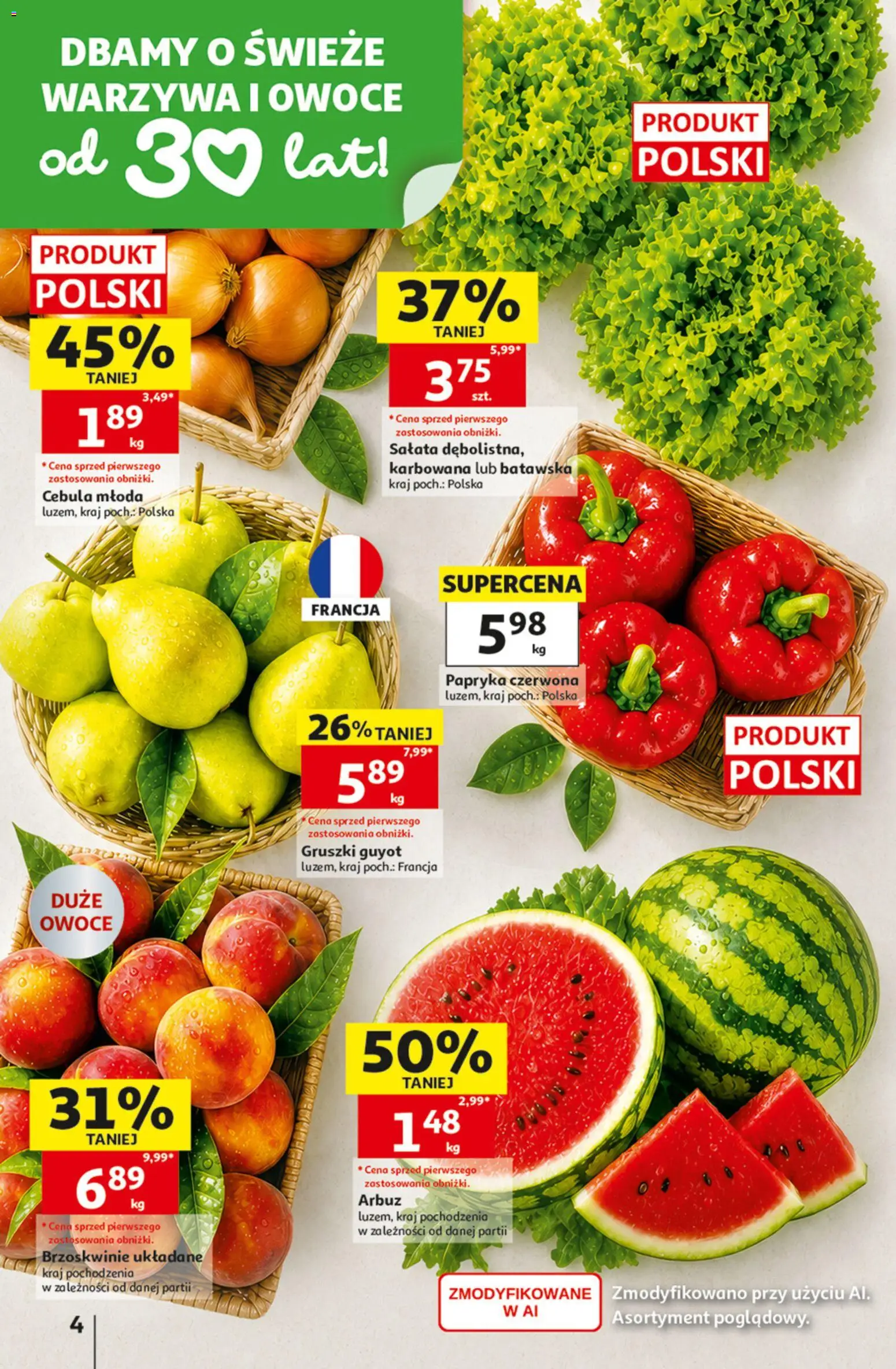 Auchan gazetka - 30 Lat Hipermarket od 06.08.2026 | Strona: 4 | Produkty: Arbuz, Papryka, Brzoskwinie, Owoce