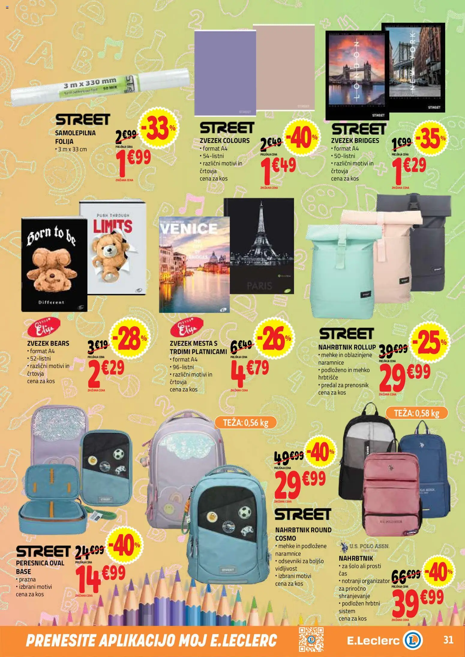 Novi E.leclerc katalog ponudbe – veljaven od 19.08.2026 | Stran: 31 | Izdelki: Teza, Peresnica, Folija, Nahrbtnik