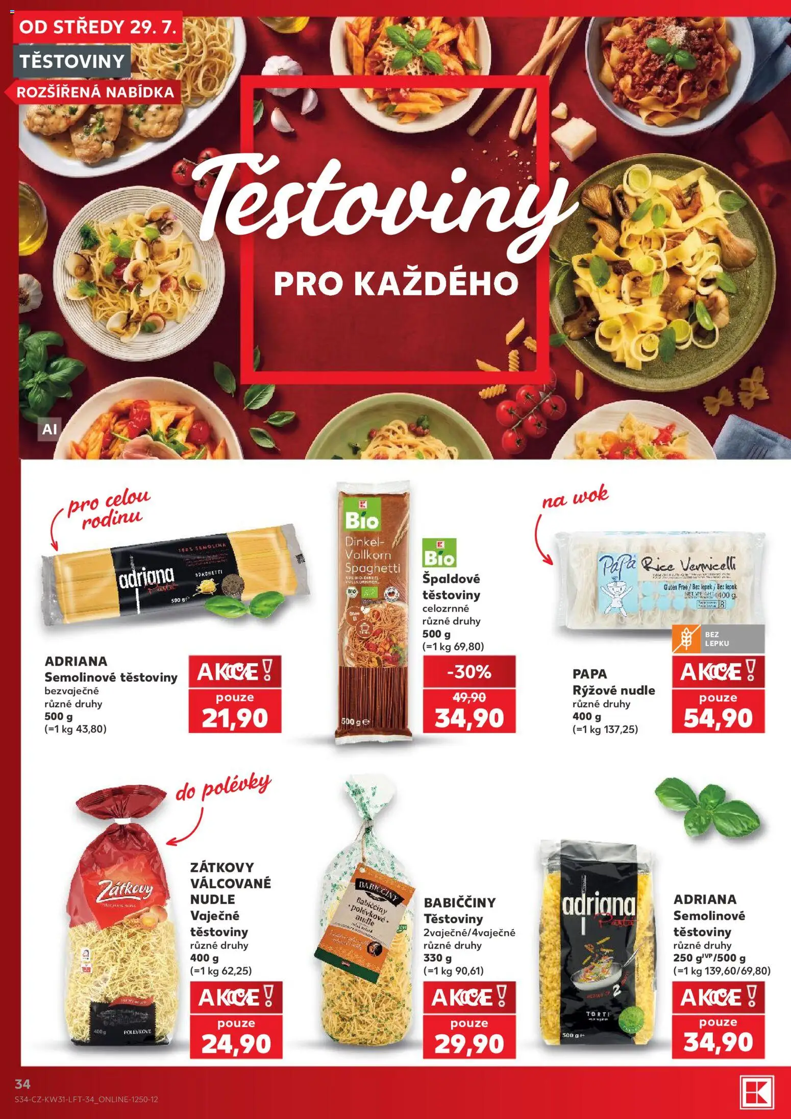 Kaufland leták - Plzeň Bory od 29.07.2026 | Strana: 34 | Produkty: Těstoviny, Rýžové nudle, Nudle, Těstoviny Adriana