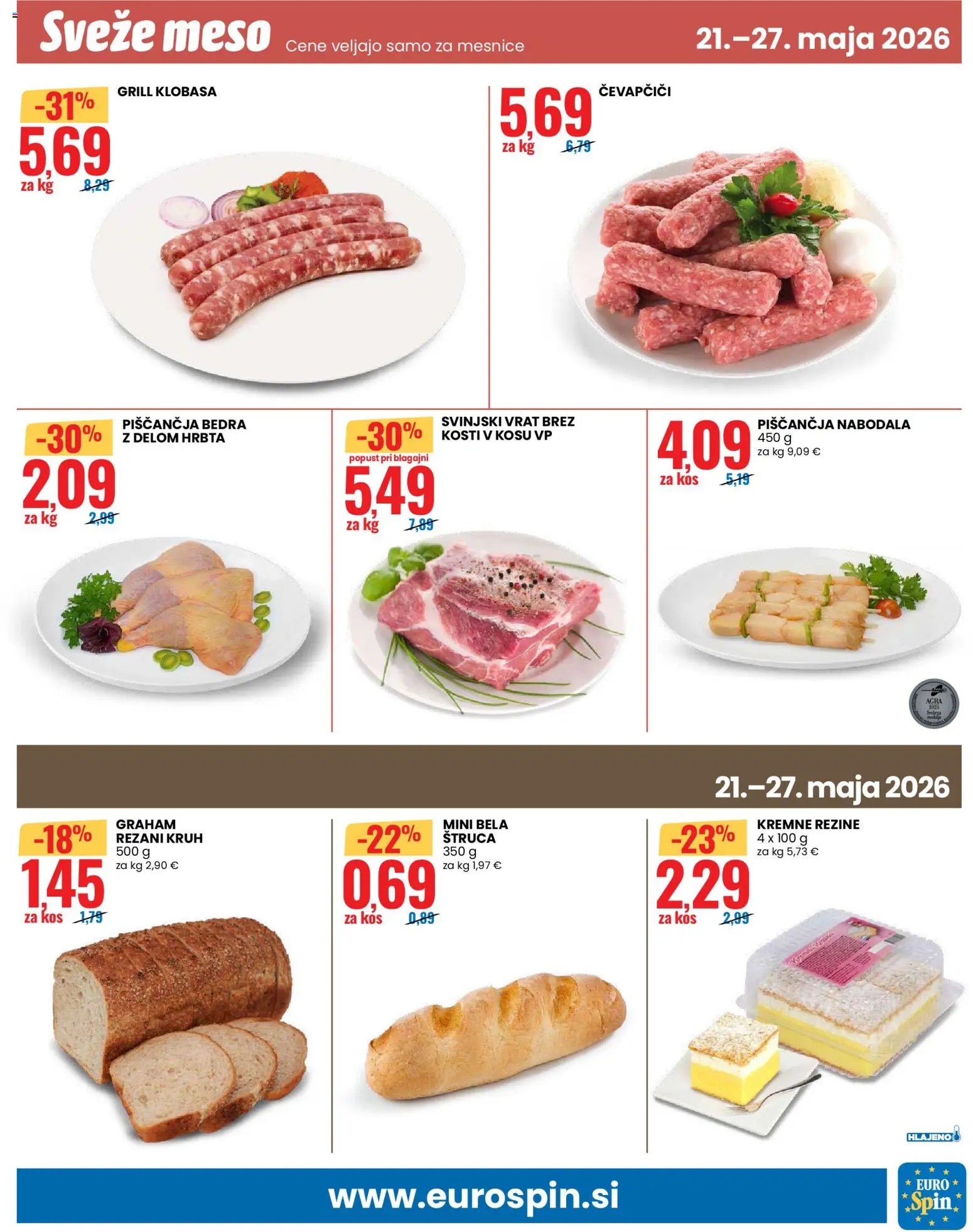 Novi Eurospin katalog ponudbe – veljaven od 21.05.2026 | Stran: 13 | Izdelki: Piščančja bedra, Kos, Kruh, Grill