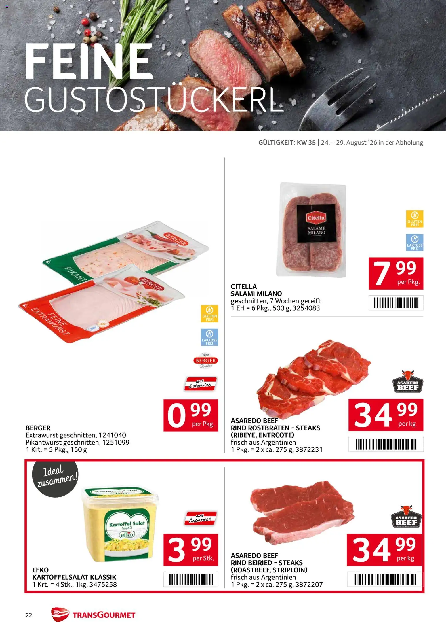 Transgourmet Flugblatt gültig ab 24.08.2026 | Seite: 22 | Produkte: Salat, Salami, Schinken