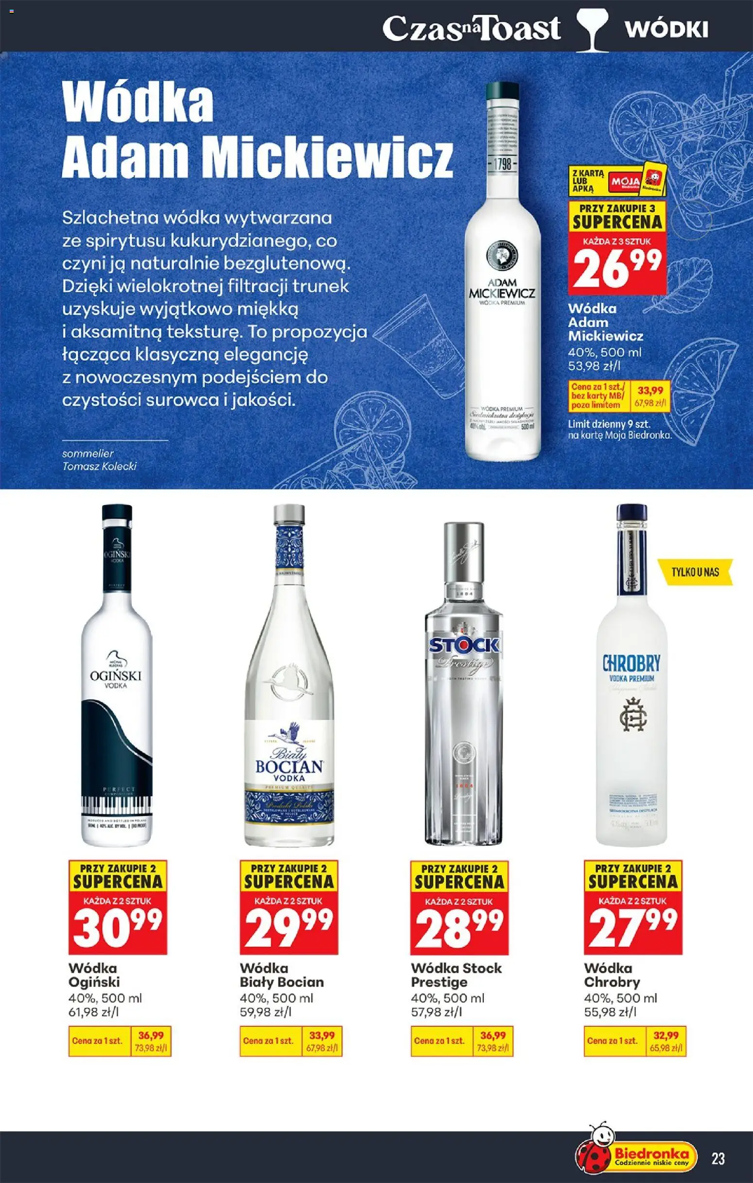 Biedronka gazetka - Czas na toast od 10.08.2026 | Strona: 23 | Produkty: Karta, Ogiński, Wódka Stock, Bocian wódka