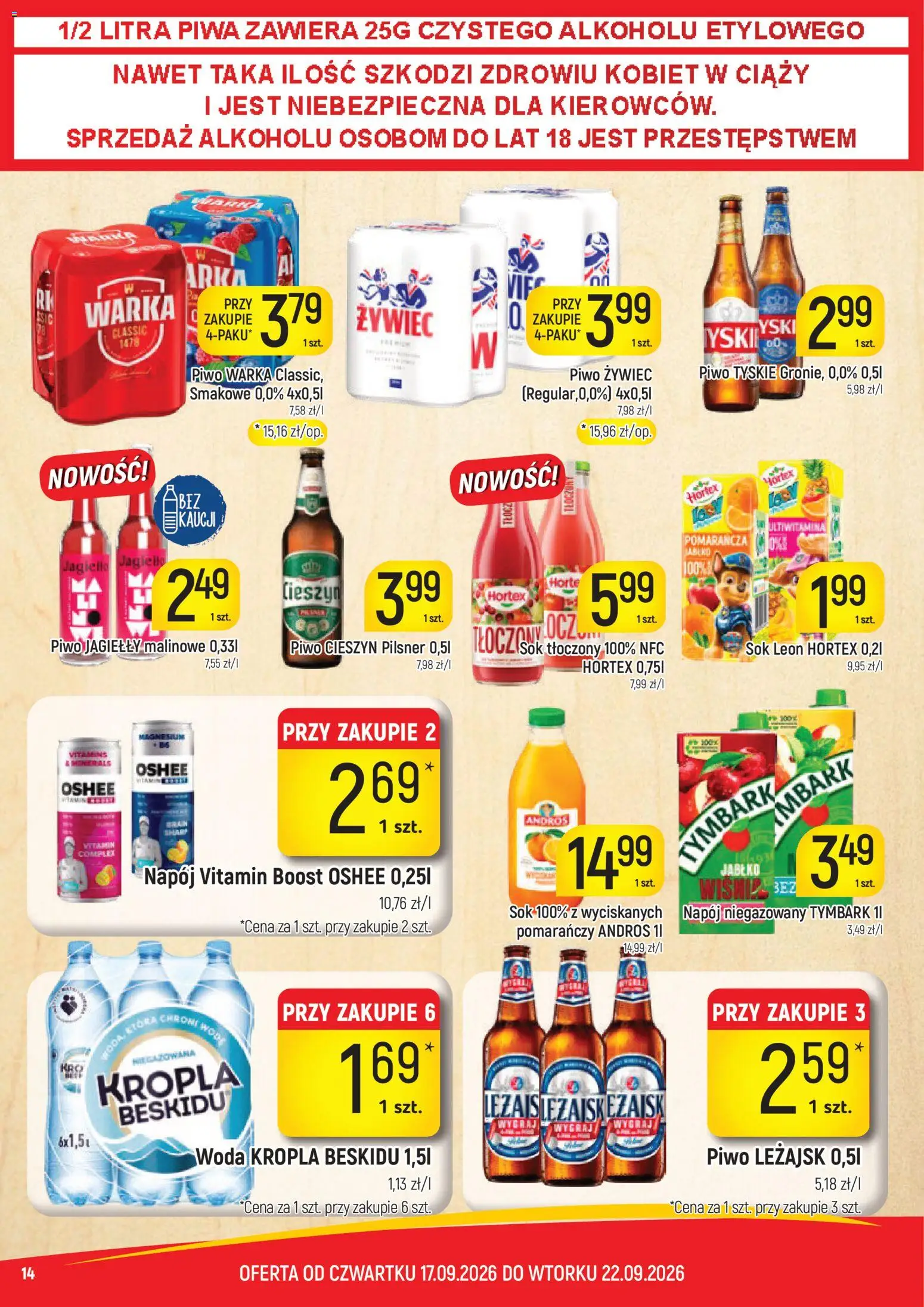 Piotruś Pan gazetka od 17.09.2026 | Strona: 14 | Produkty: Oshee, Piwo Warka, Tyskie, Piwo Leżajsk