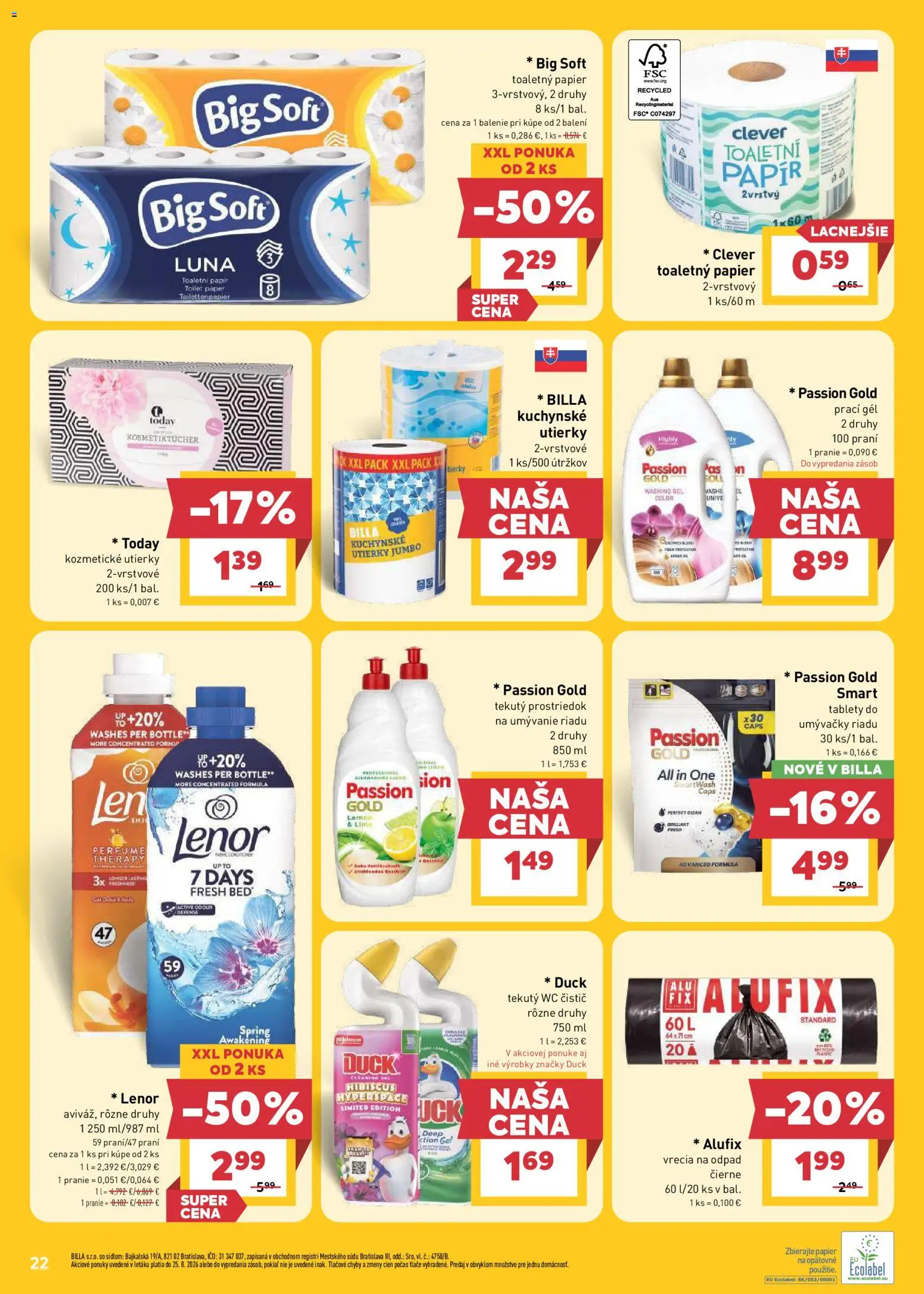 Nové Billa akcie – leták je platný od 19.08.2026 | Strana: 22 | Produkty: Toaletný papier, Aviváž, Tablety do umývačky riadu, Utierky