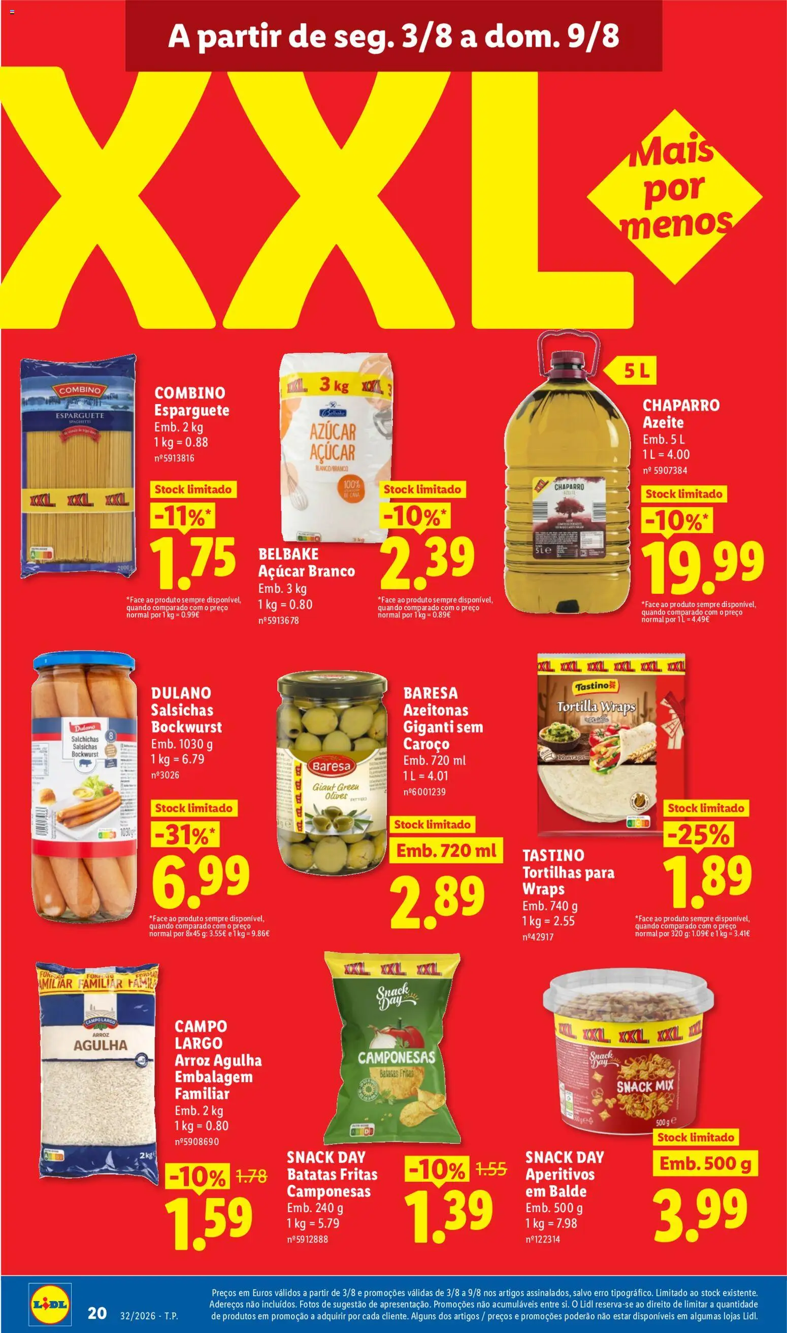 Lidl folheto │ válido de 03/08/2026 | Página: 20 | Produtos: Esparguete, Azeitonas, Arroz, Batatas fritas