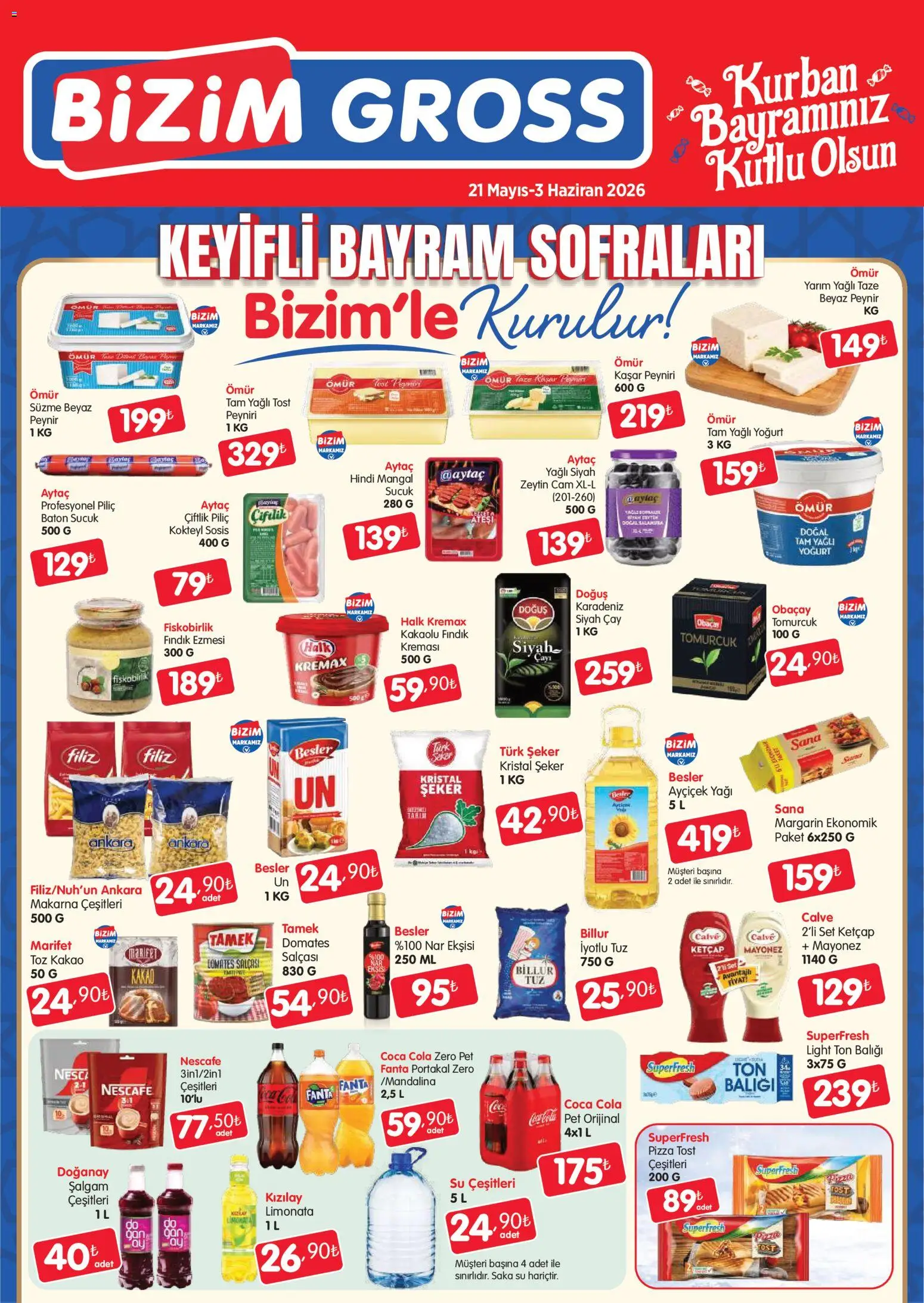 Bizim Toptan - Bizim Gross Fırsat Bülteni - 21.05.2026 tarihinden itibaren geçerlidir | Sayfa: 1 | Ürünler: Limonata, Peynir, Domates, Çay