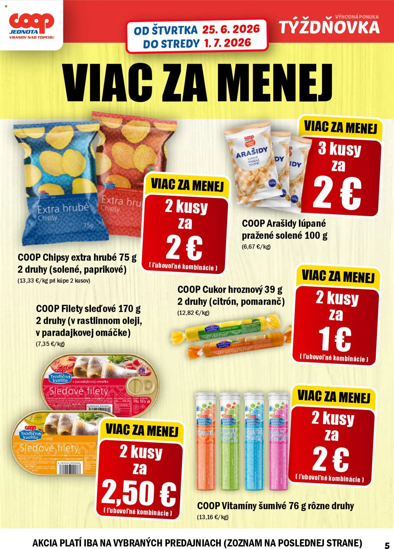 Nové COOP Jednota akcie – leták je platný od 25.06.2026 | Strana: 5 | Produkty: Cukor, Chipsy, Arašidy