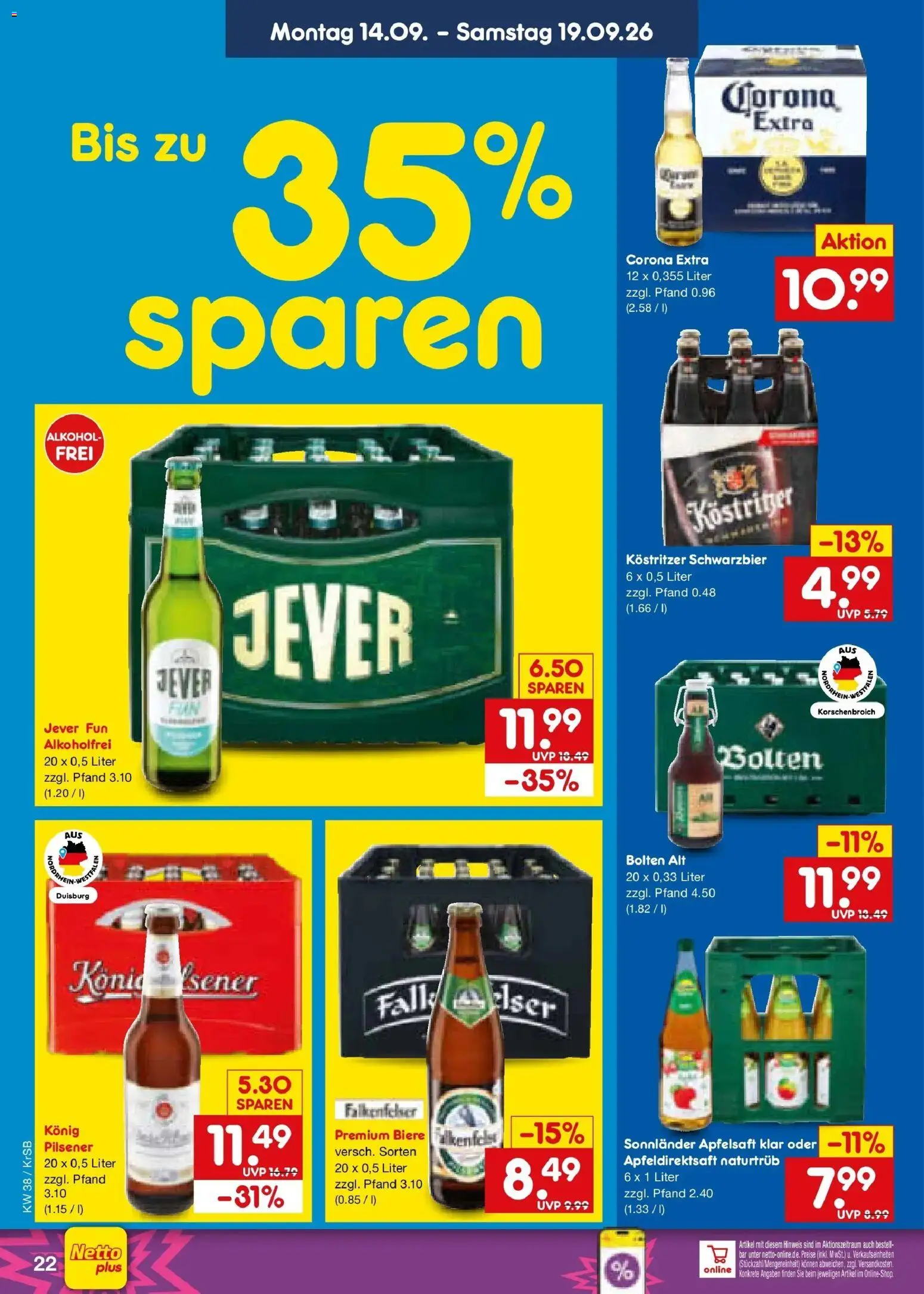 Netto Marken-Discount Prospekt Baesweiler – gültig ab 14.09.2026 | Seite: 32 | Produkte: Kostritzer, Apfelsaft, Alkohol, Jever