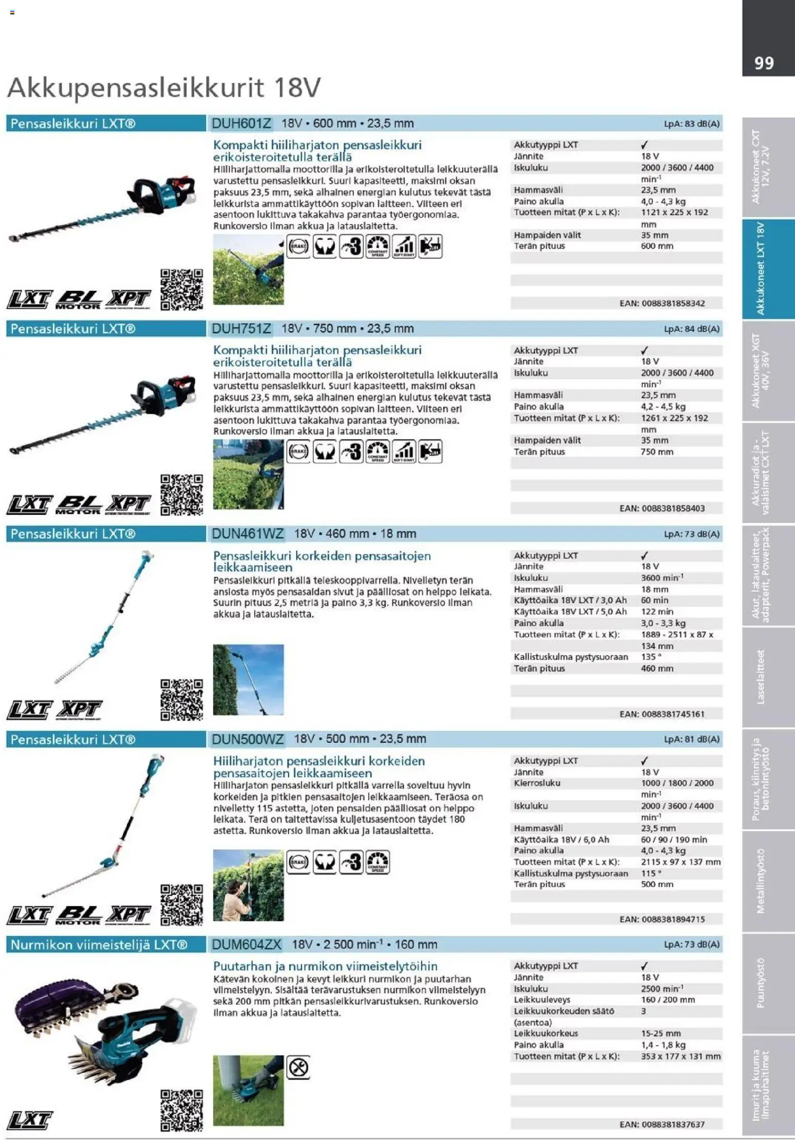Makita - Tuoteluettelo 2026 – voimassa 24/03/2026 alkaen | Sivu: 99 | Tuotteet: Pensasleikkuri