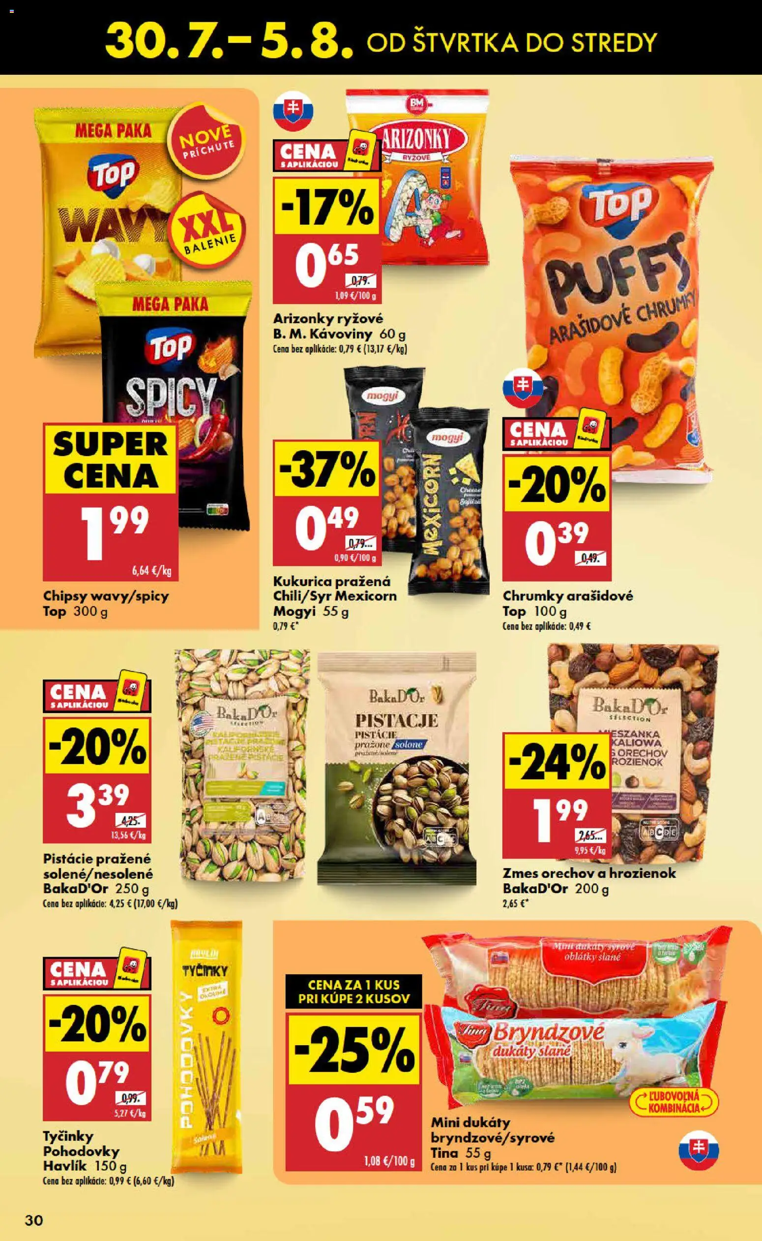 Nové Biedronka akcie – leták je platný od 30.07.2026 | Strana: 30 | Produkty: Slané tyčinky, Oblátky, Kukurica, Pistácie