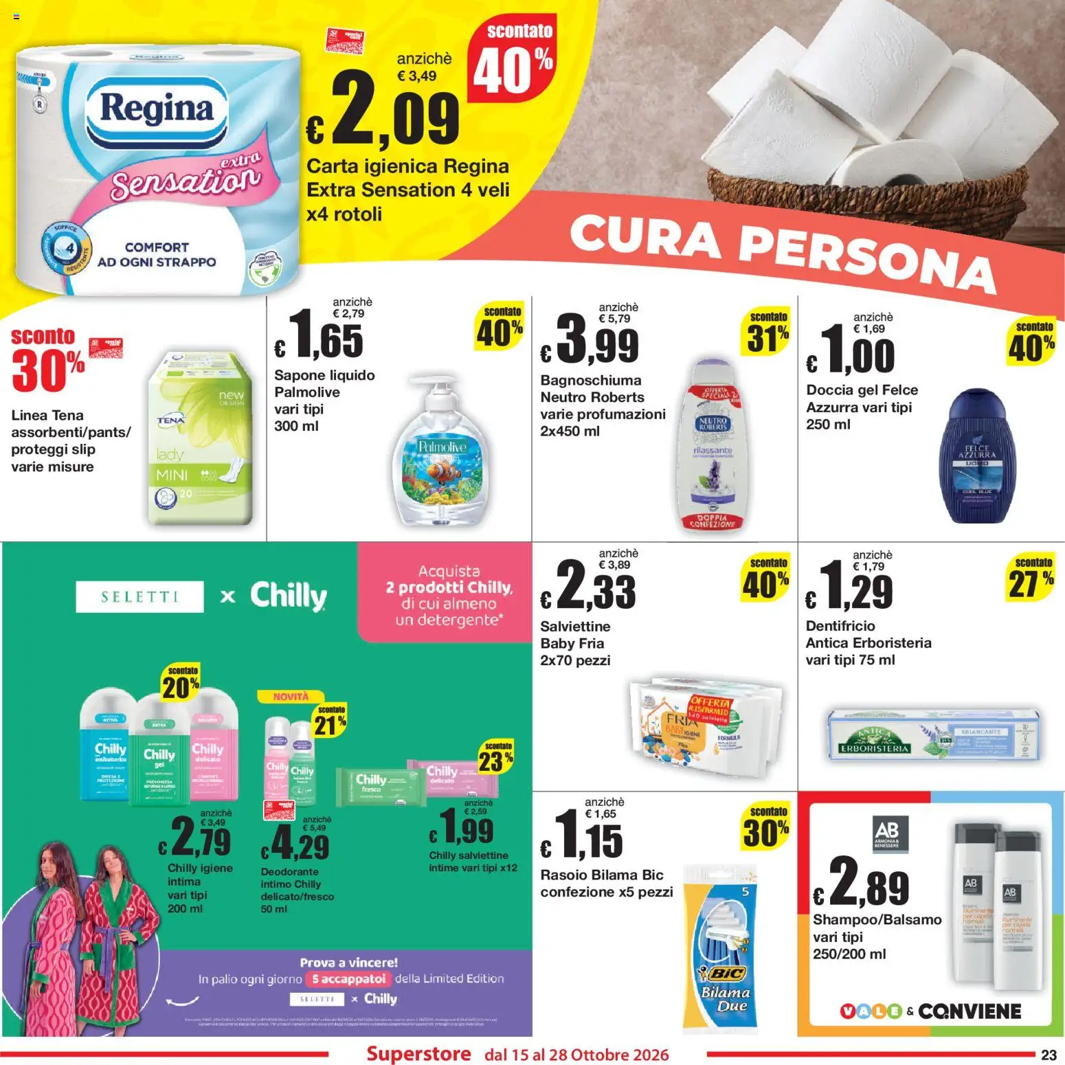 Volantino Sì con Te del 15/10/2026 | Pagina: 23 | Prodotti: Rasoio, Carta igienica, Bagnoschiuma, Proteggi slip