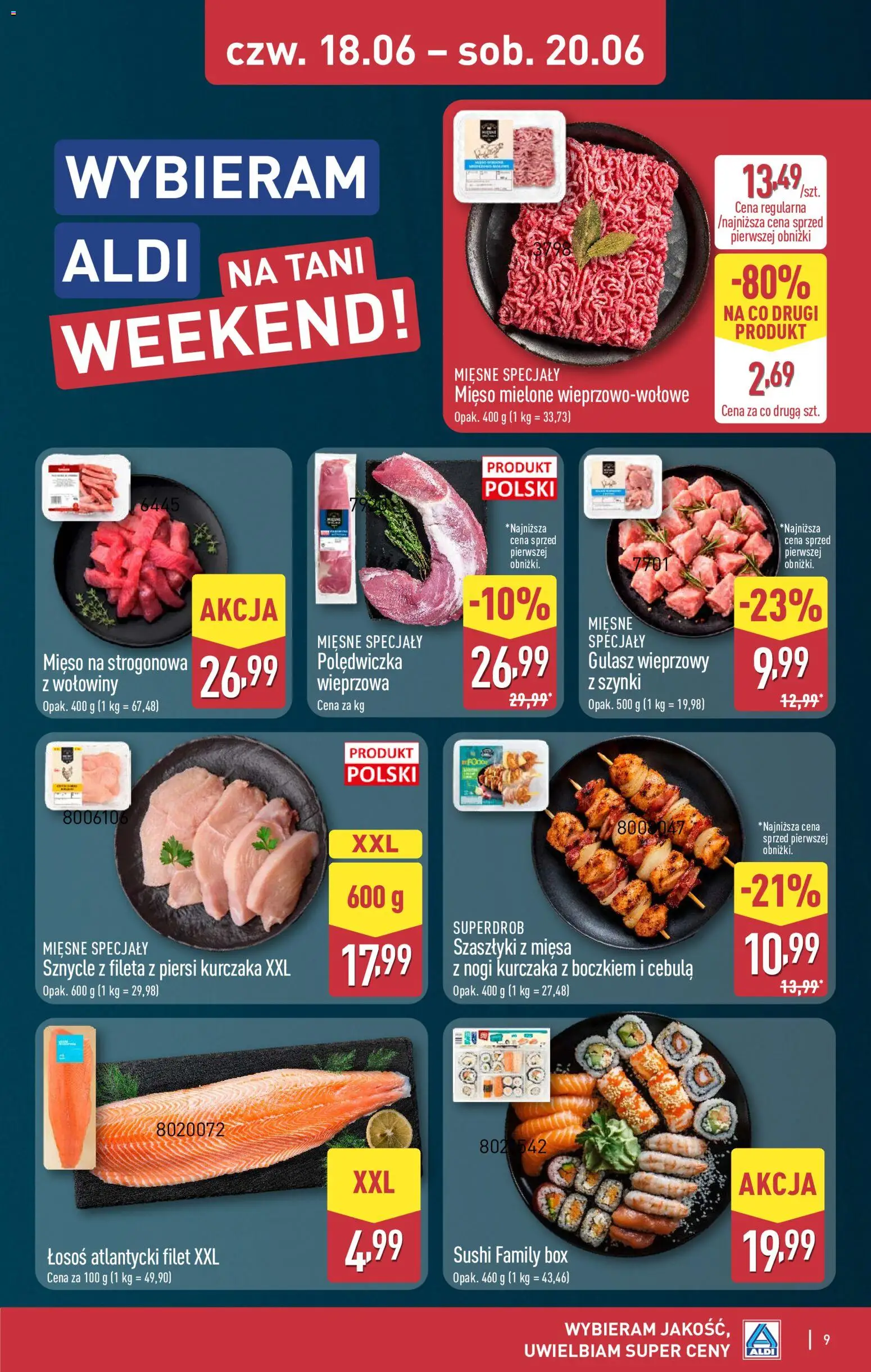 Aldi Polsko leták - Artykuły przemysłowe i tekstylia od 18.06.2026 | Strana: 9 | Produkty: Box, Losos, Sushi, Filet
