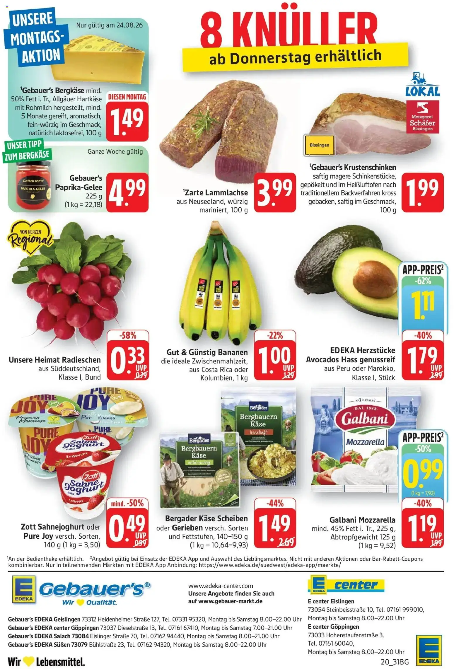 Edeka Prospekt Göppingen (ab 24.08.2026) » Angebote Online | Seite: 20 | Produkte: Käse, Mozzarella, Bananen, Uhr